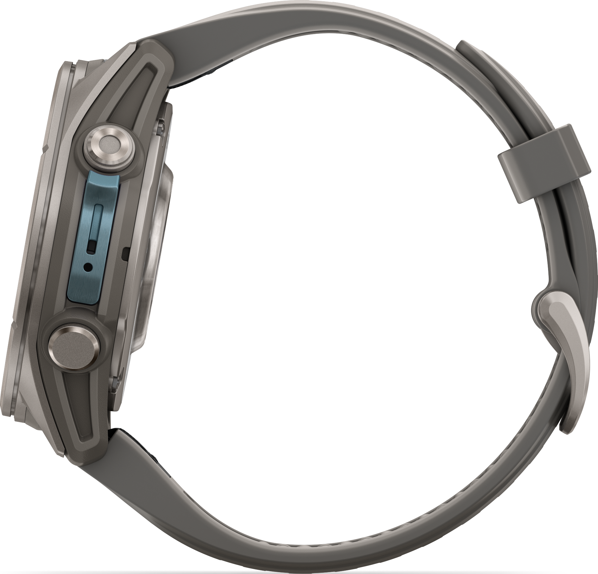 Seitenansicht einer grauen Sportuhr mit blauem Akzent und Silikonarmband vor schwarzem Hintergrund.