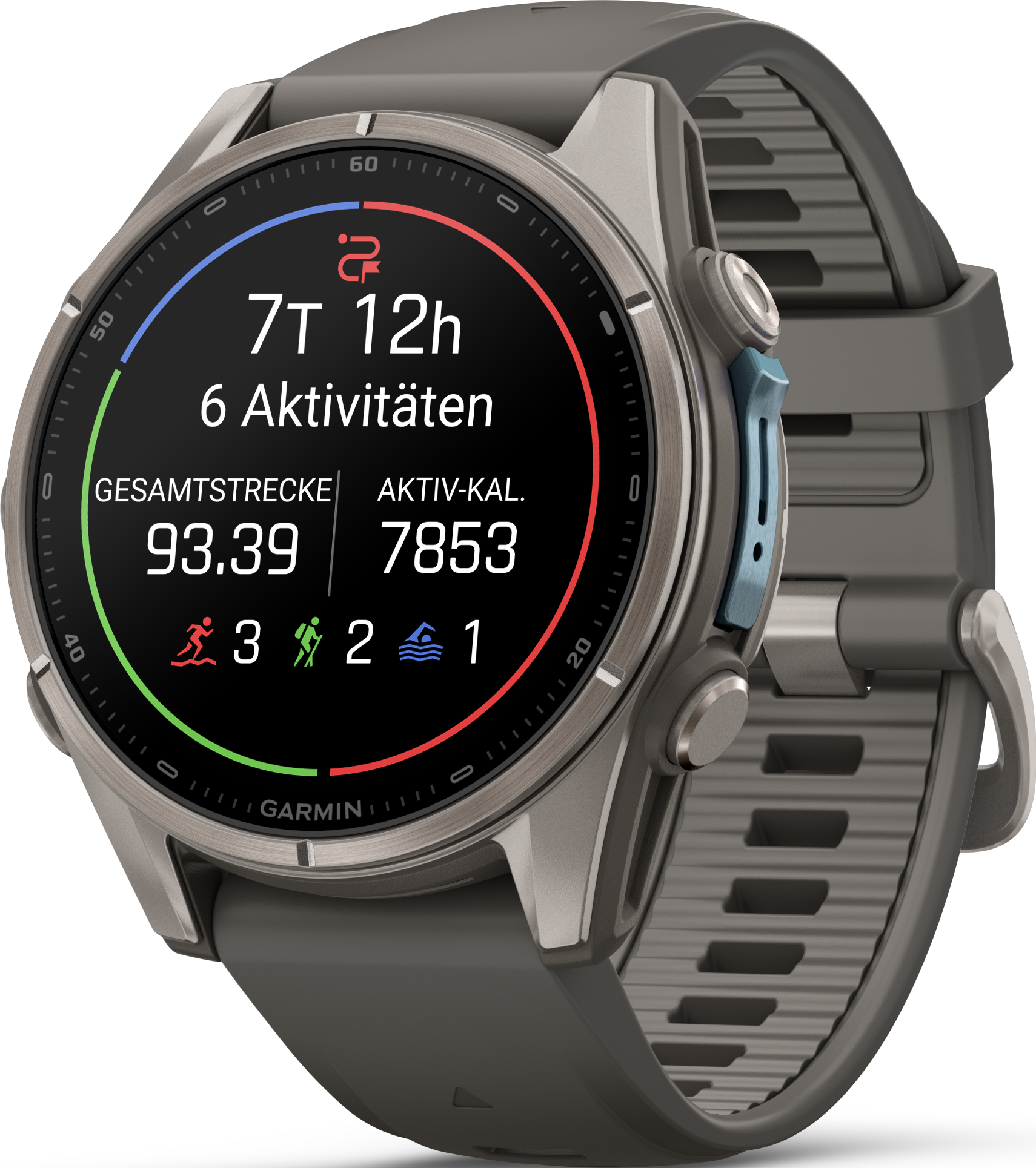 Eine graue Garmin-Sportuhr zeigt Aktivitätsdaten wie Zeit, Strecke und Kalorien auf dem Display.