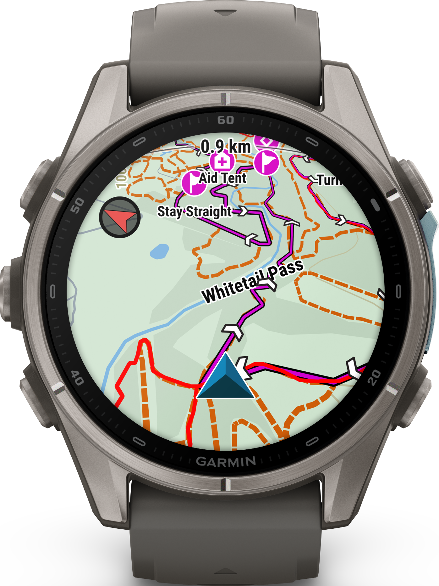 Eine Garmin Sportuhr zeigt eine Wanderkarte mit Routen und Markierungen wie Sanitätszelt und Whitetail Pass.