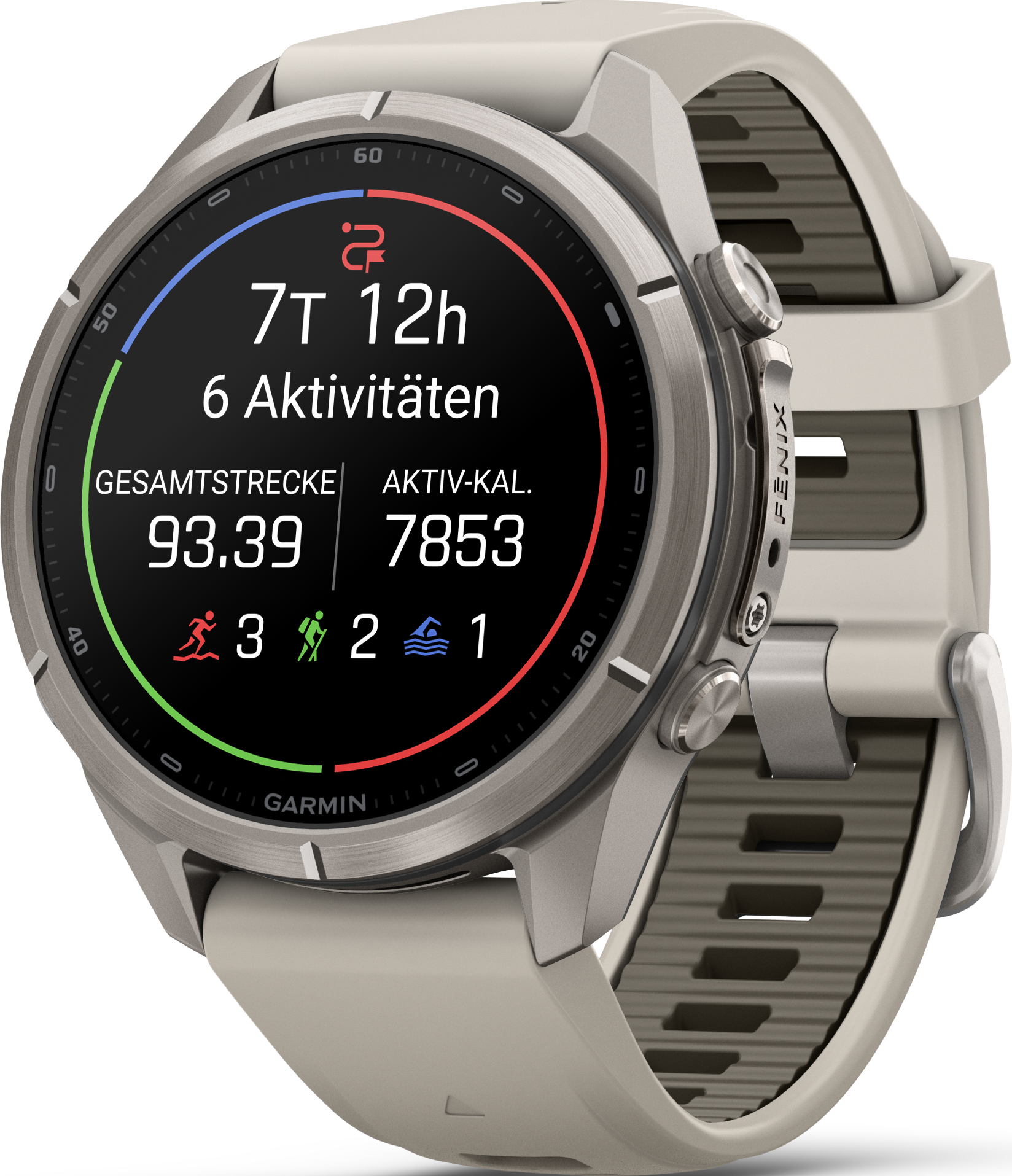 Eine beige Garmin Fenix Sportuhr mit digitalem Zifferblatt auf schwarzem Grund gegen schwarzen Hintergrund.