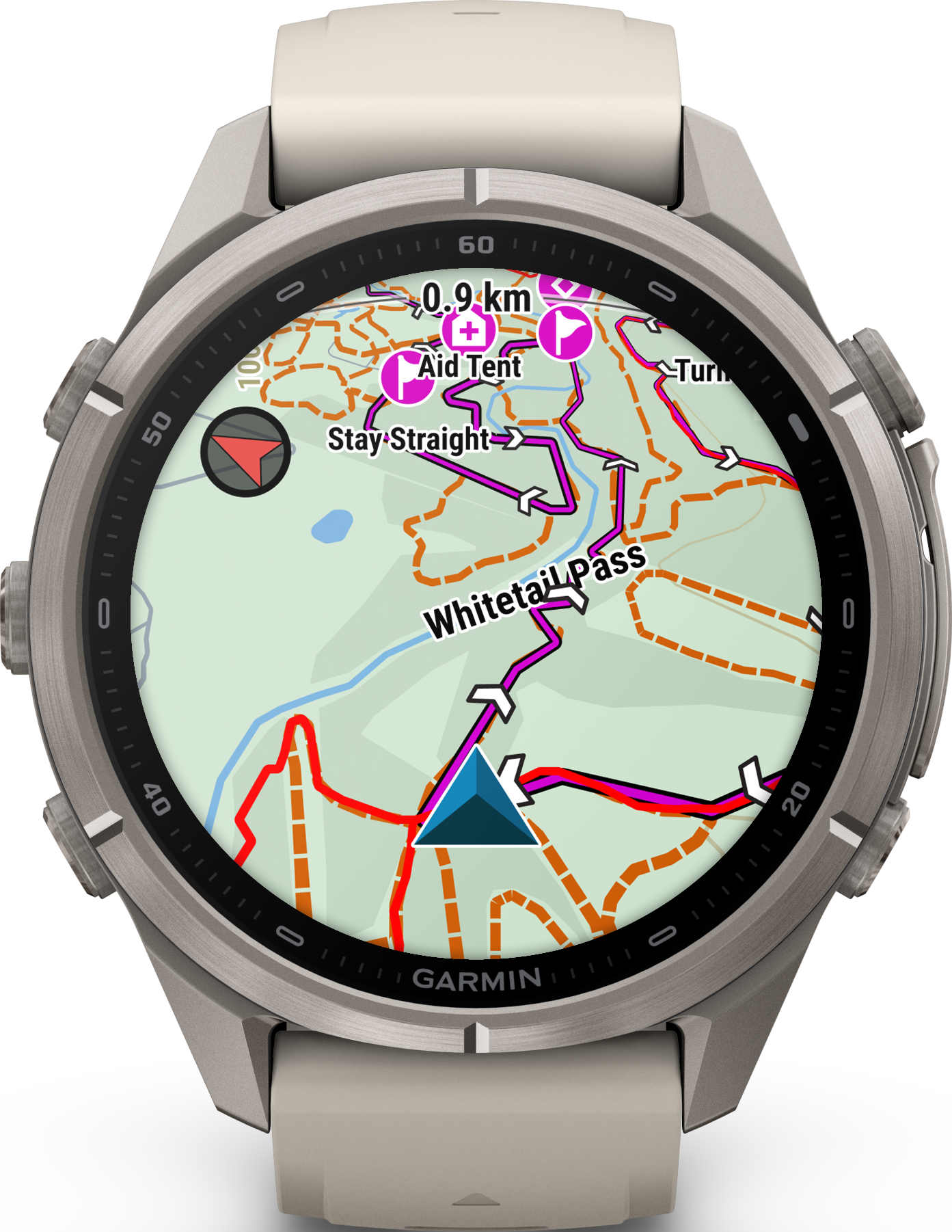Eine Garmin-Sportuhr mit GPS-Kartenansicht, die Wanderwege, Wegpunkte und Richtungsmarkierungen auf dem Display zeigt.