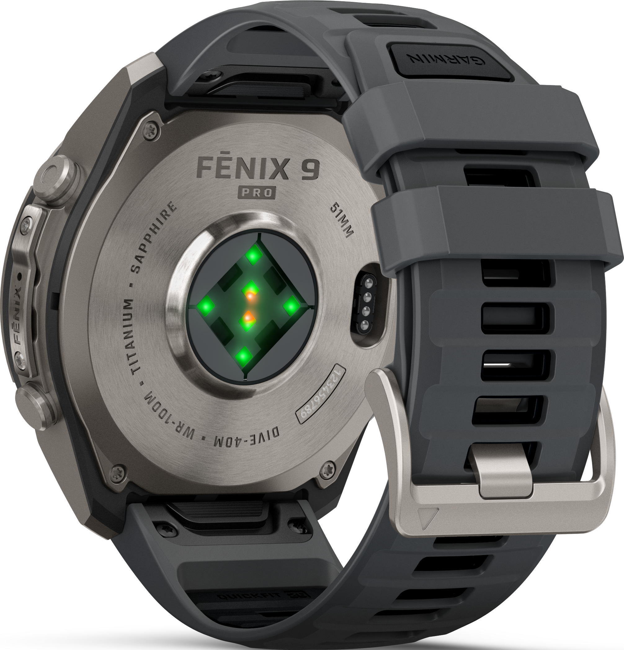 Rückseite einer grauen Garmin Fenix 9 Pro Uhr mit Sensoren und Kautschukarmband.
