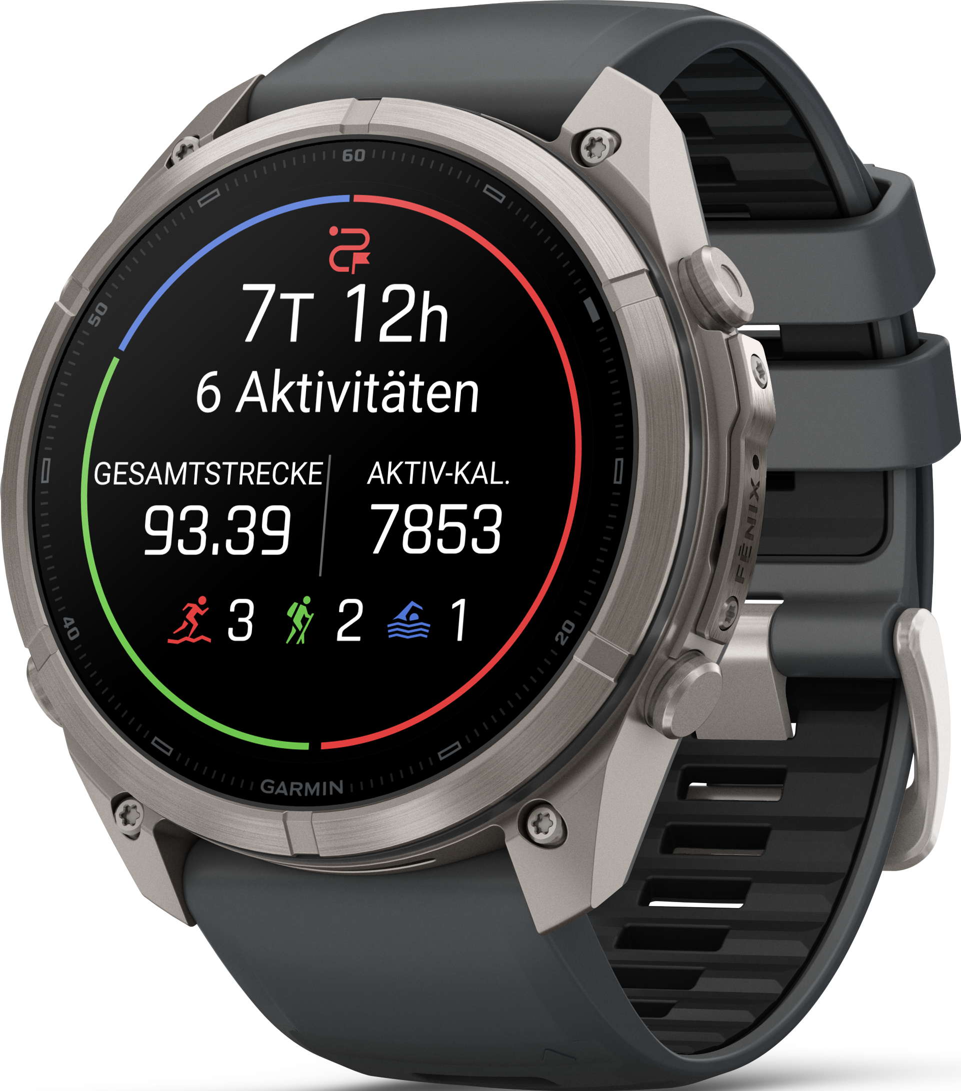 Eine graue Garmin-Sportuhr zeigt Fitnessdaten wie Gesamtstrecke und Aktiv-Kalorien auf einem runden Display.