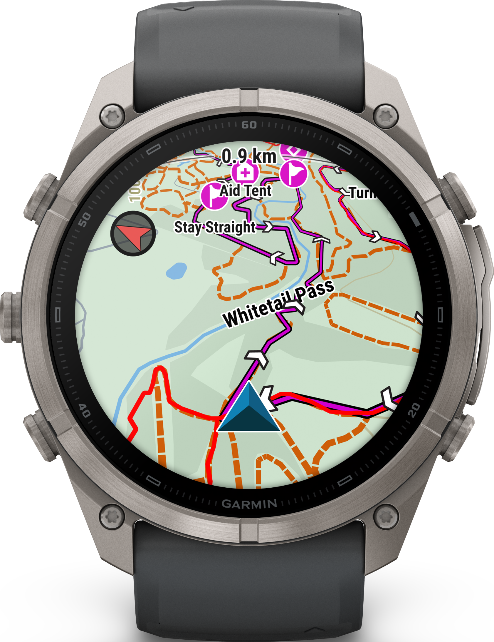 Eine Garmin-Sportuhr zeigt eine detaillierte Outdoor-Karte mit Navigationspfeilen auf dem runden Display.