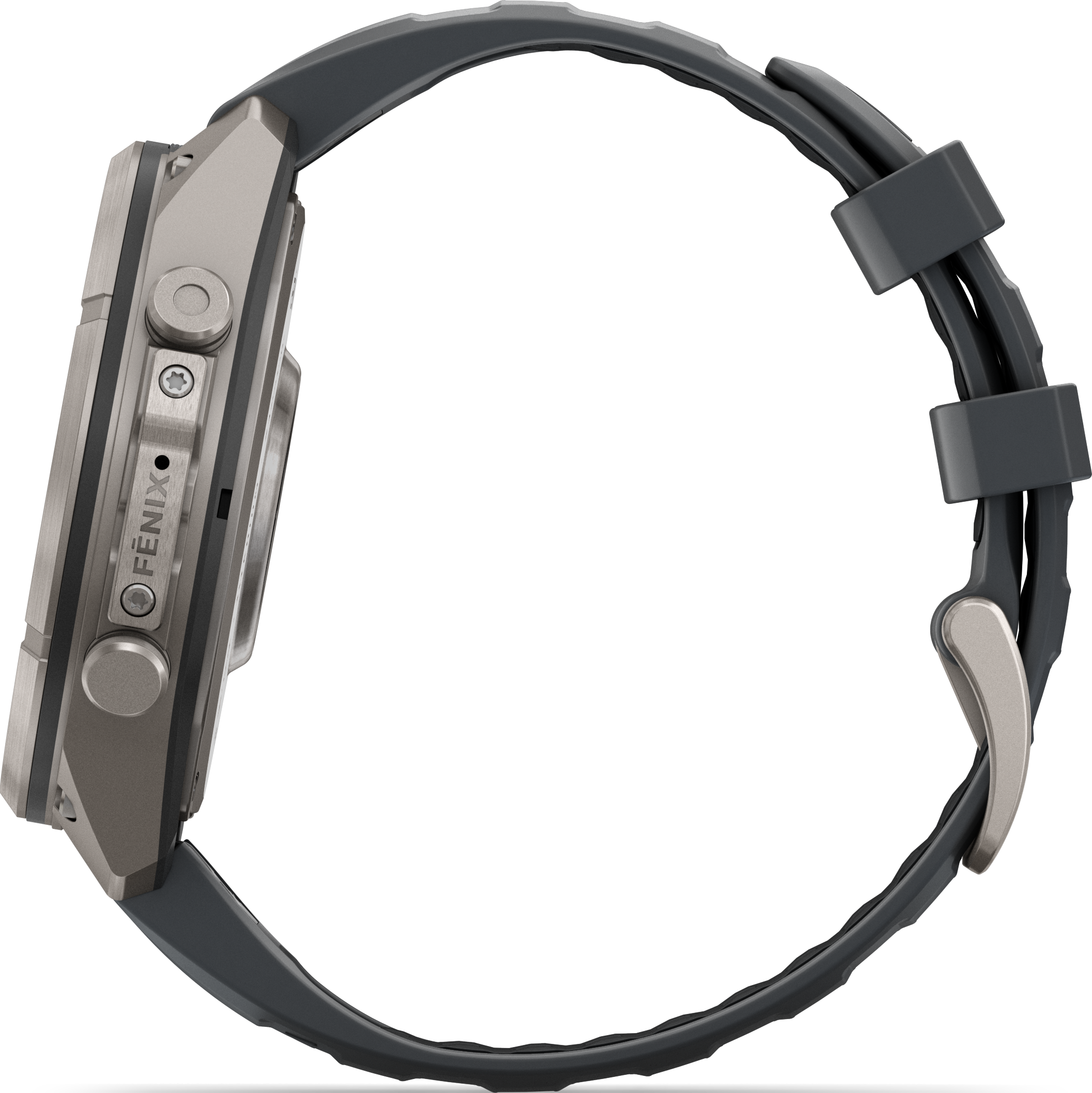 Seitenansicht einer grauen Sportuhr mit grauem Silikonarmband und silberner Schließe vor schwarzem Hintergrund.
