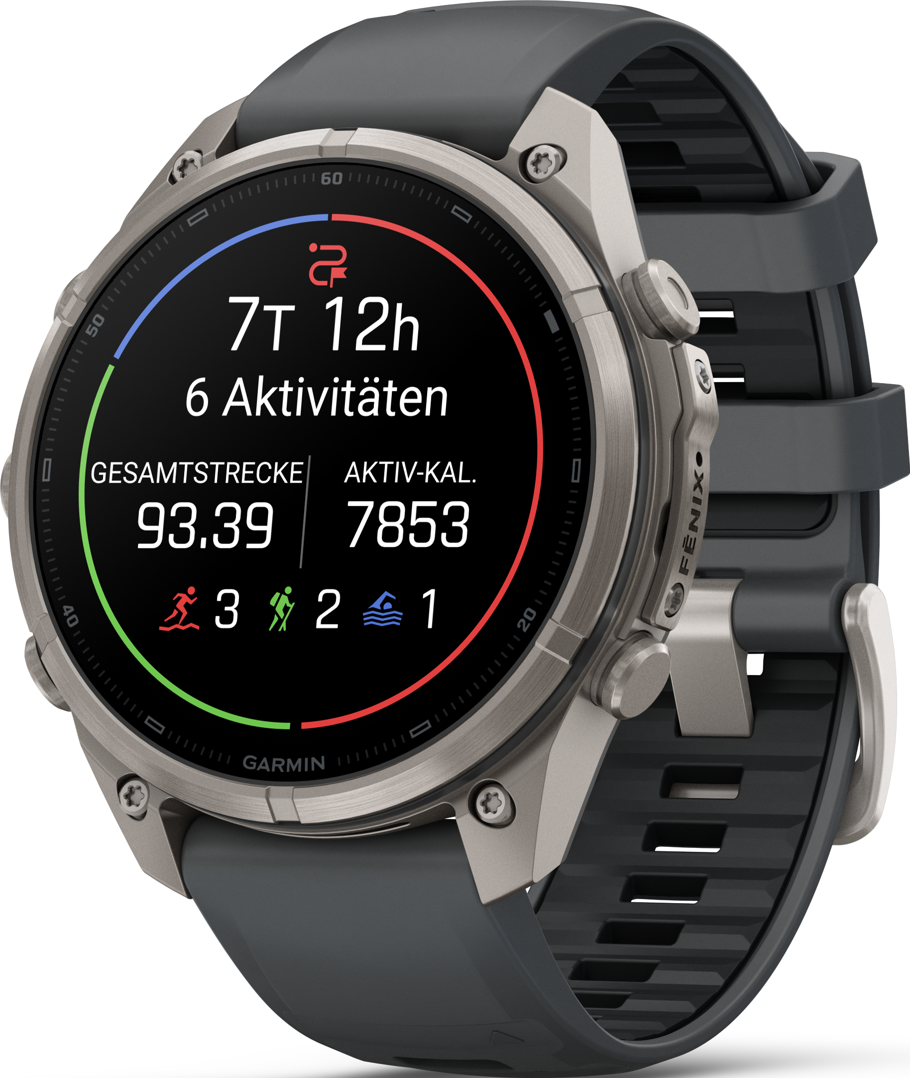 Graue Garmin Sportuhr mit Fitnessdaten auf dem schwarzen Display und dunklem Silikonarmband.