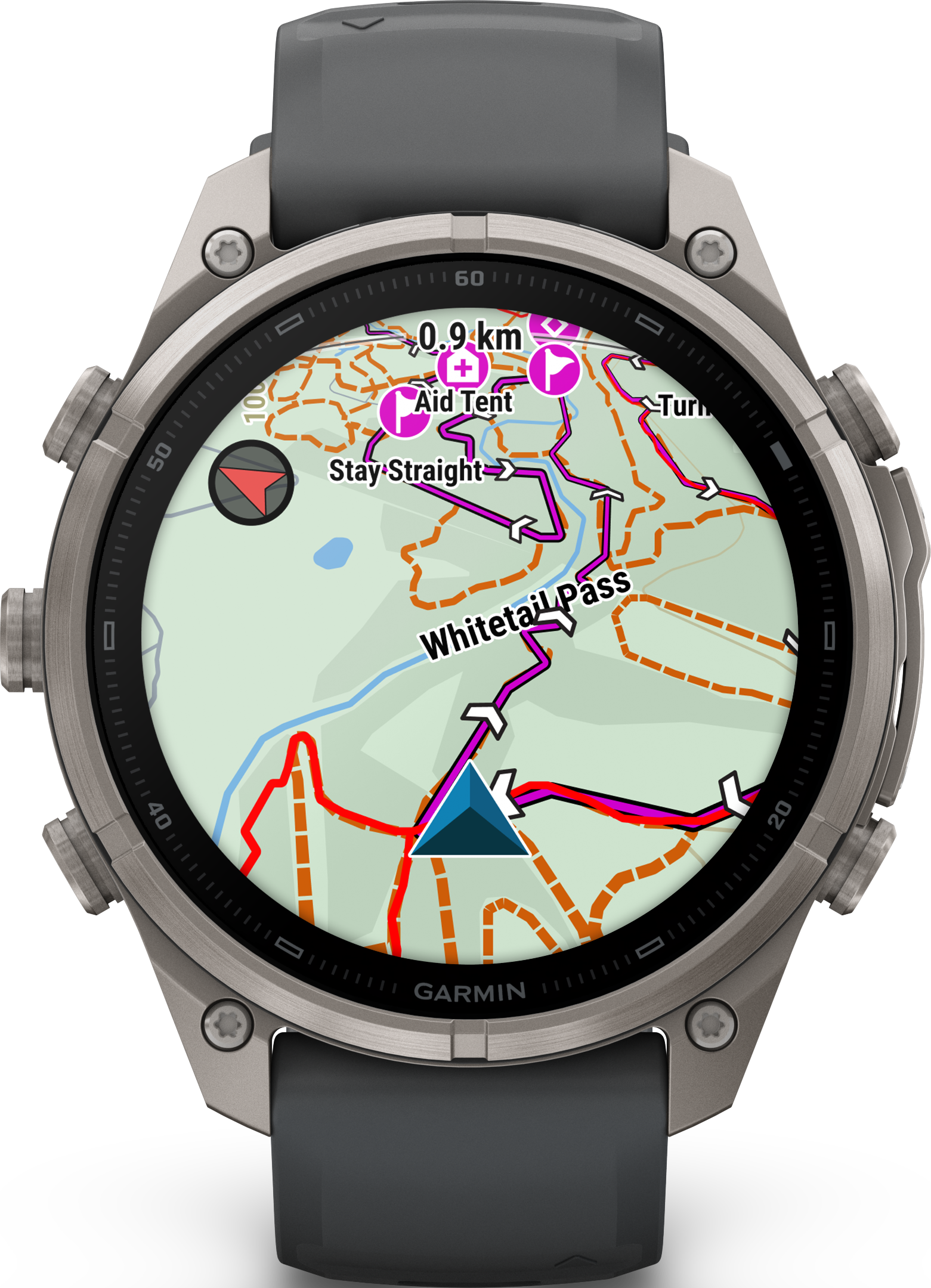 Eine Smartwatch mit einer detaillierten GPS-Wanderkarte auf dem runden Bildschirm sowie Navigationssymbolen.