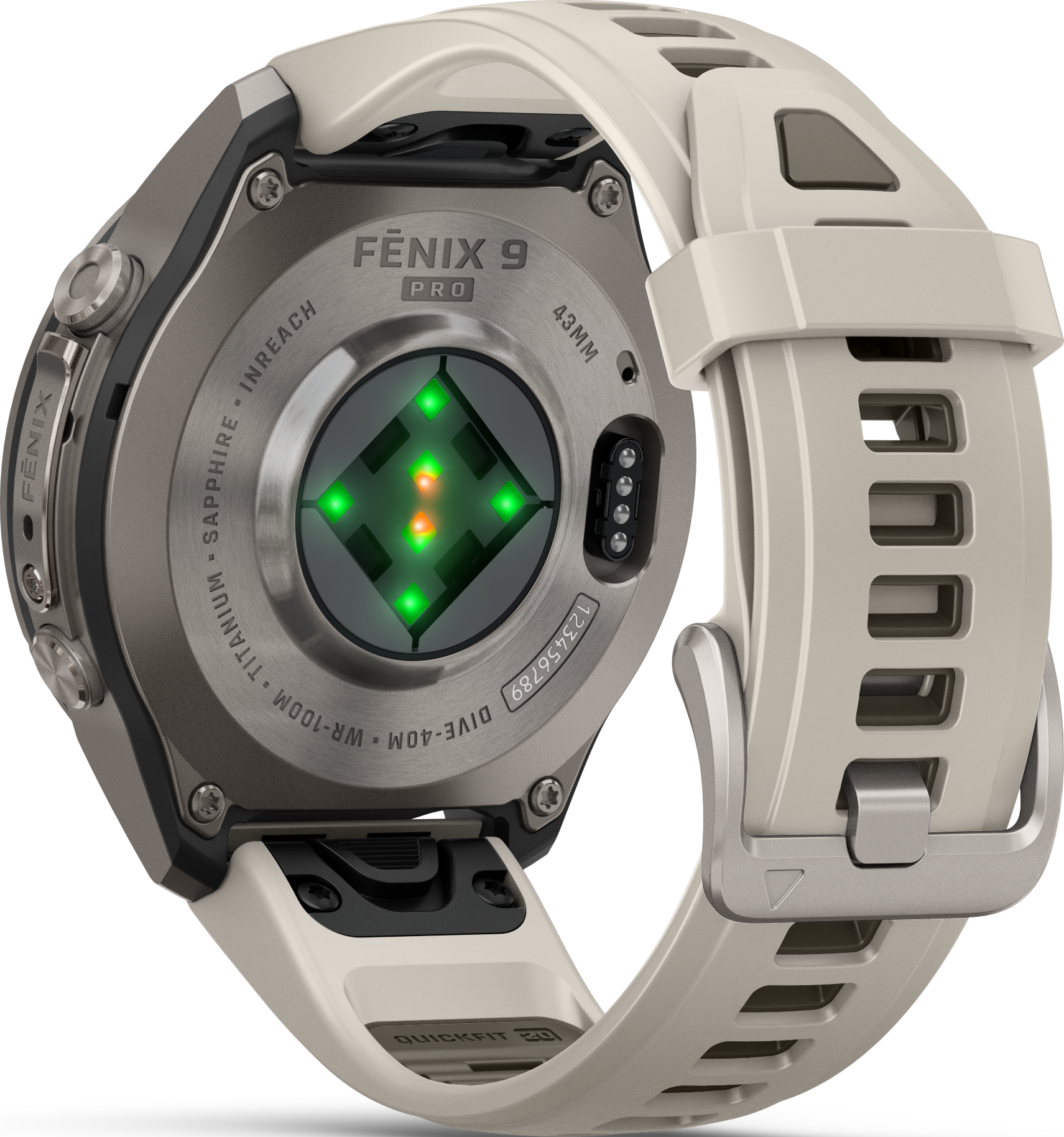 Rückseite einer grauen Fenix 9 Pro Sportuhr mit Sensoren und beigem Silikonarmband vor schwarzem Hintergrund.