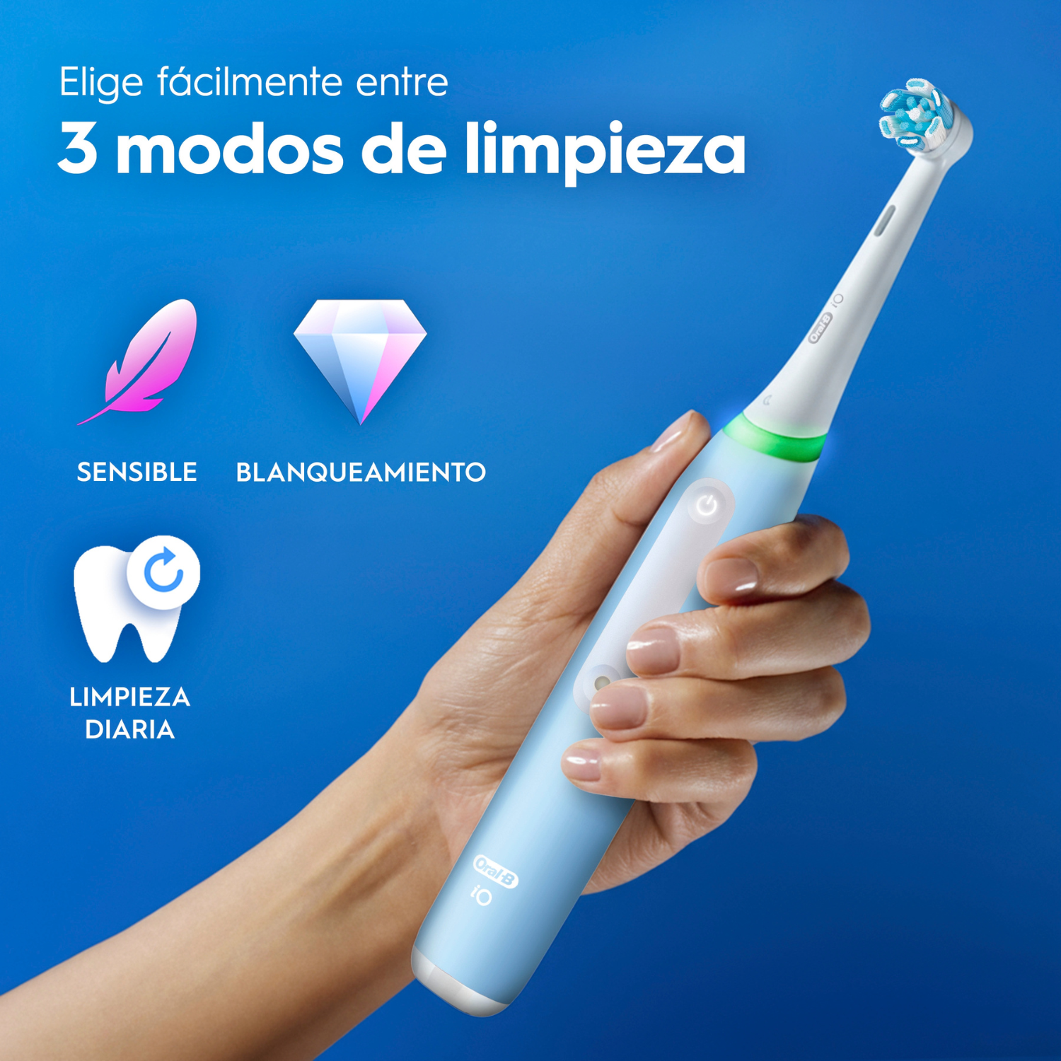 Elige fácilmente entre tres modos de limpieza. Sensible. Blanqueamiento. Limpieza diaria.