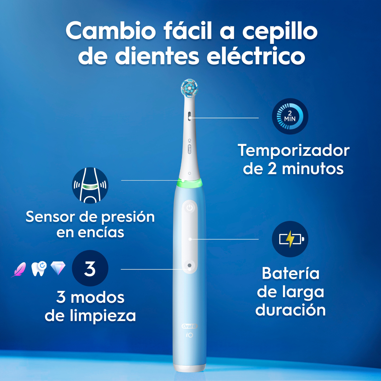 Cambio fácil a cepillo de dientes eléctrico. Sensor de presión de encías. 3 modos de limpieza. Temporizador de 2 minutos. Batería de larga duración.