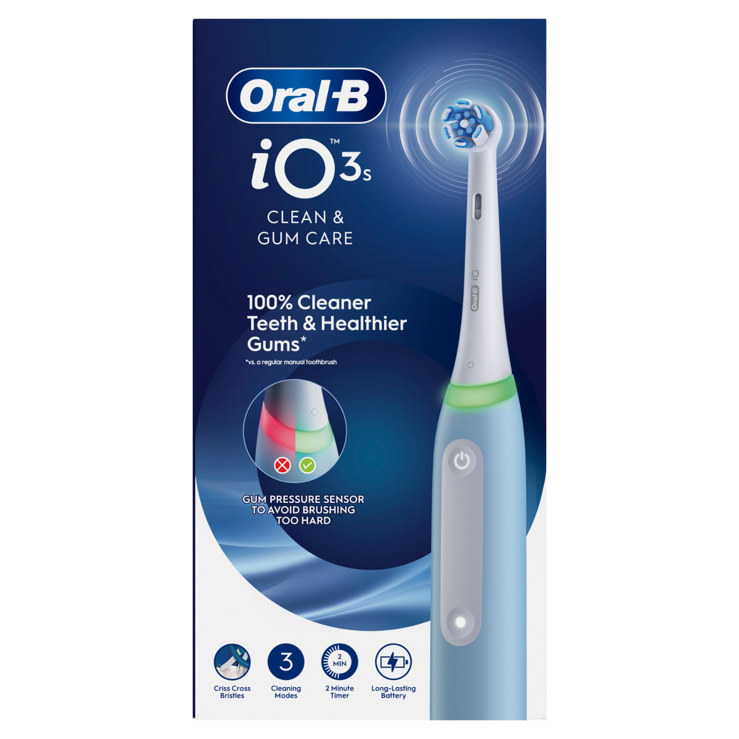 Empaque del cepillo de dientes eléctrico azul Oral-B iO3s con características del producto.