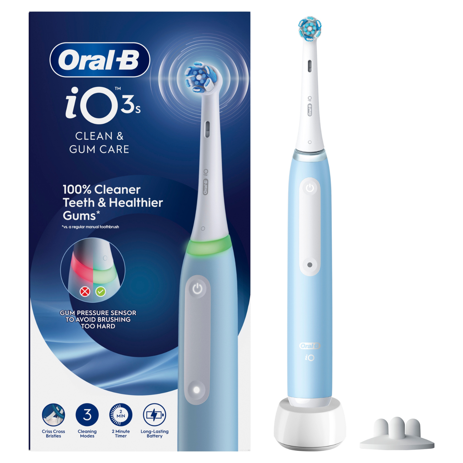 Cepillo de dientes eléctrico azul claro Oral-B iO3 junto a su caja y base de carga.