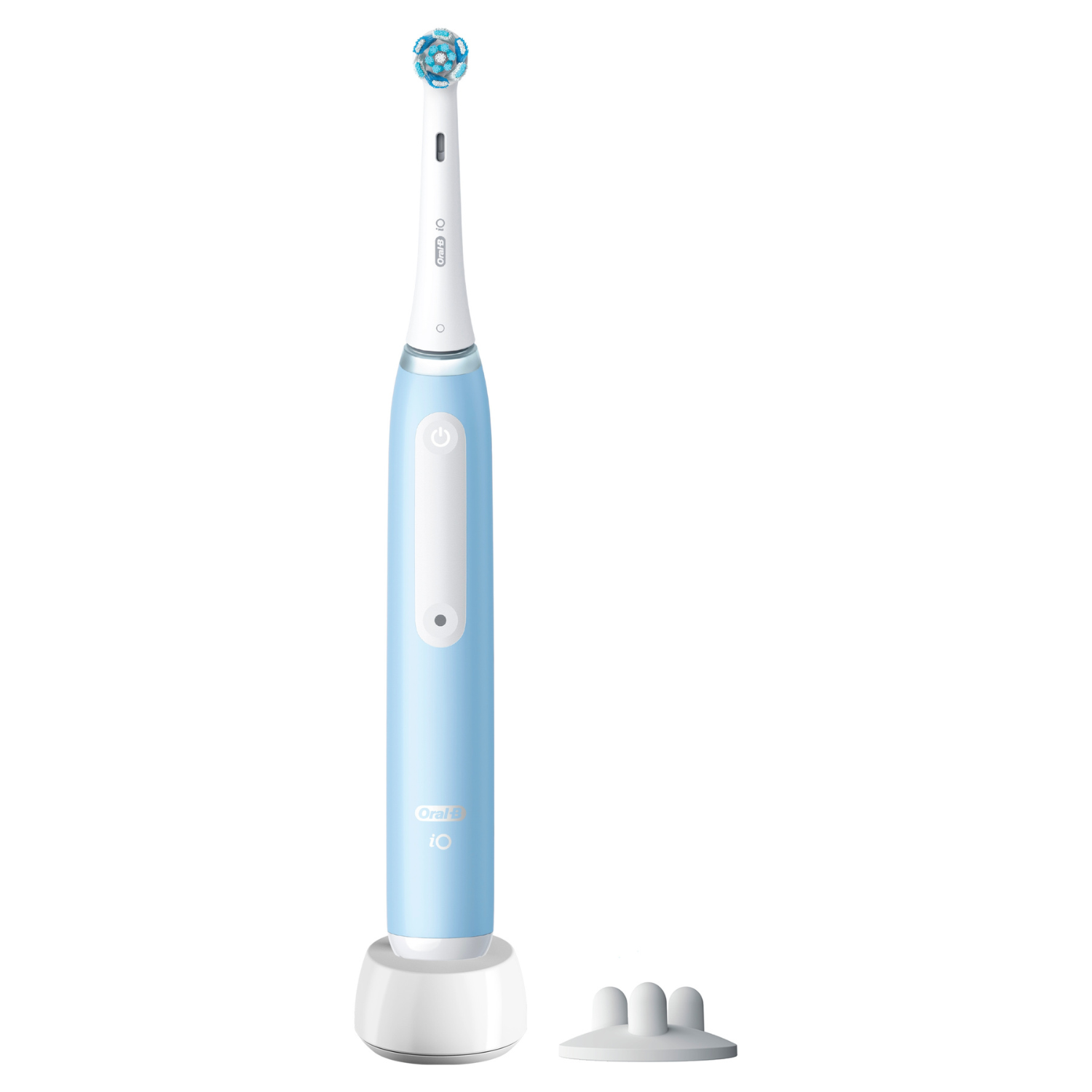 Cepillo de dientes eléctrico azul con cabezal redondo sobre una base de carga blanca.