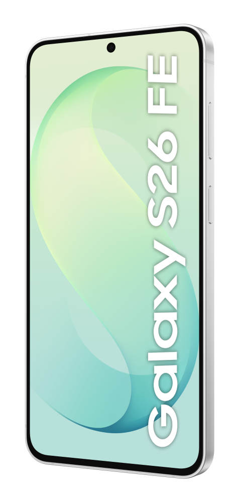 Srebrny smartfon wyświetla tekst Galaxy S26 FE i zieloną abstrakcyjną grafikę na ekranie.