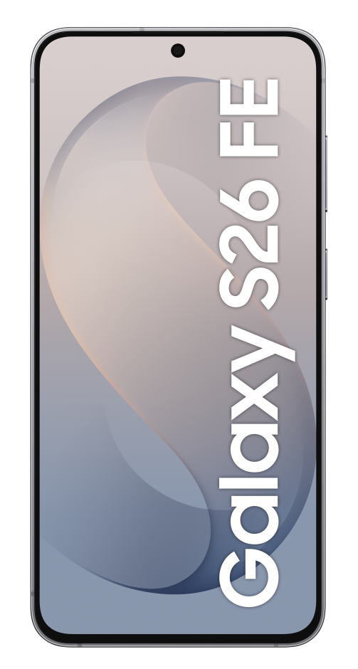 Przedni widok smartfona z jasnym wyświetlaczem i napisem Galaxy S26 FE.