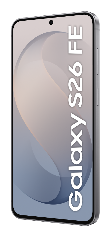 Srebrny smartfon z tekstem 'Galaxy S26 FE' na ekranie na czarnym tle.