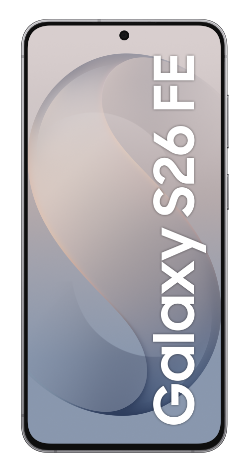 Smartfon z napisem 'Galaxy S26 FE' na abstrakcyjnym tle.