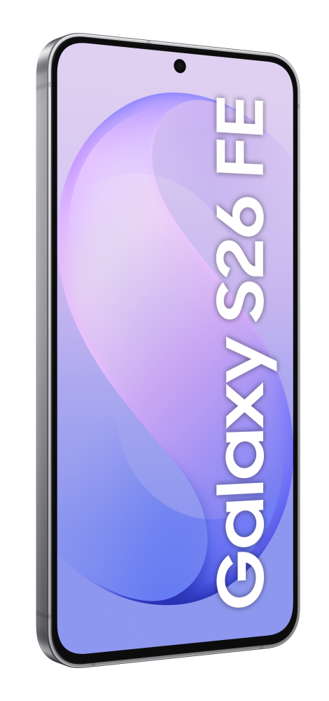 Smartfon z jasnofioletowym tłem i napisem Galaxy S26 FE.