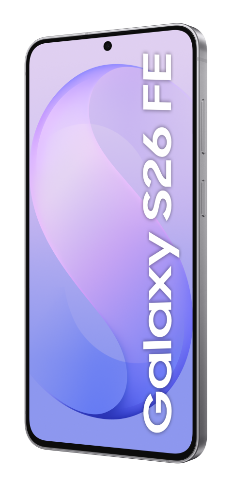 Srebrny smartfon z fioletowym ekranem i napisem Galaxy S26 FE w kolorze białym.