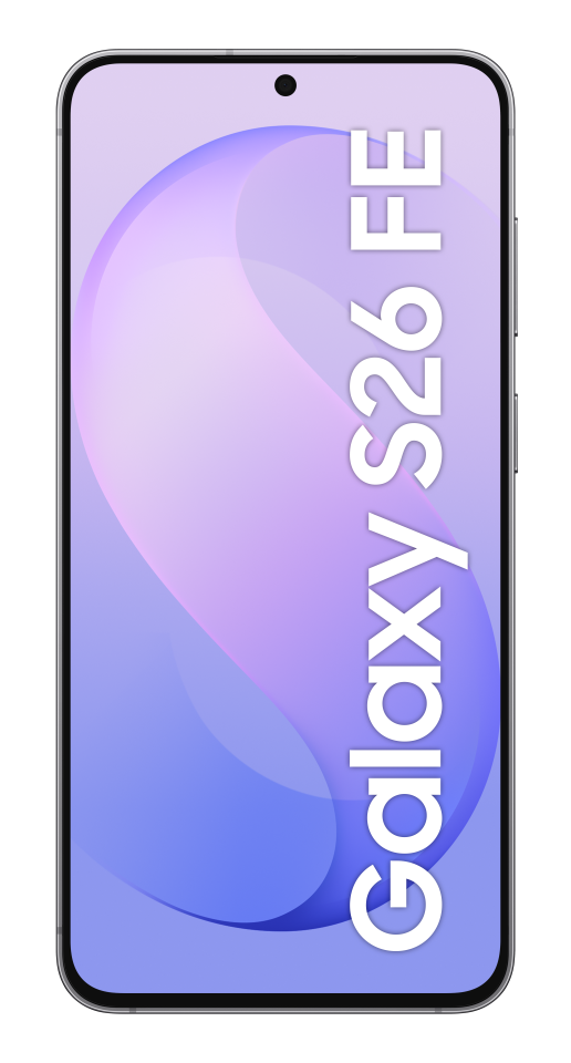 Widok z przodu smartfona z napisem Galaxy S26 FE na fioletowym tle.