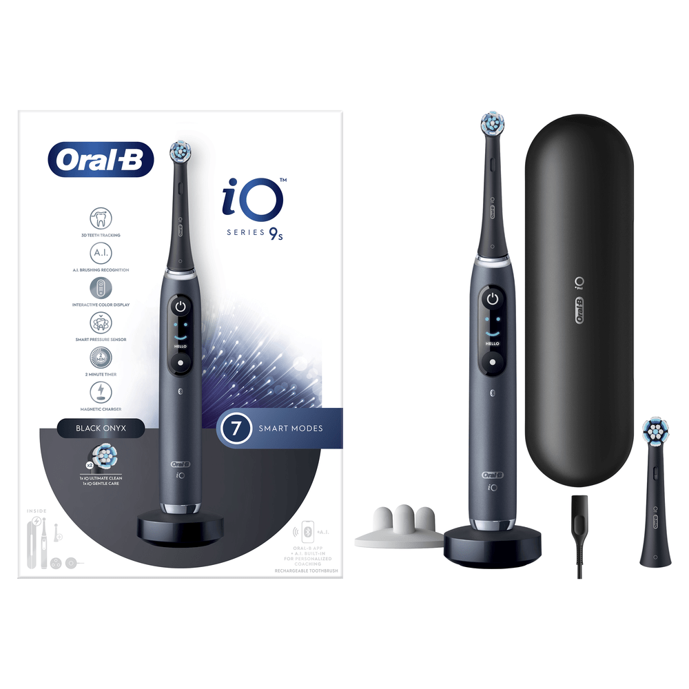 Cepillo de dientes eléctrico negro Oral-B iO Series 9s con caja, cargador, estuche y cabezal.