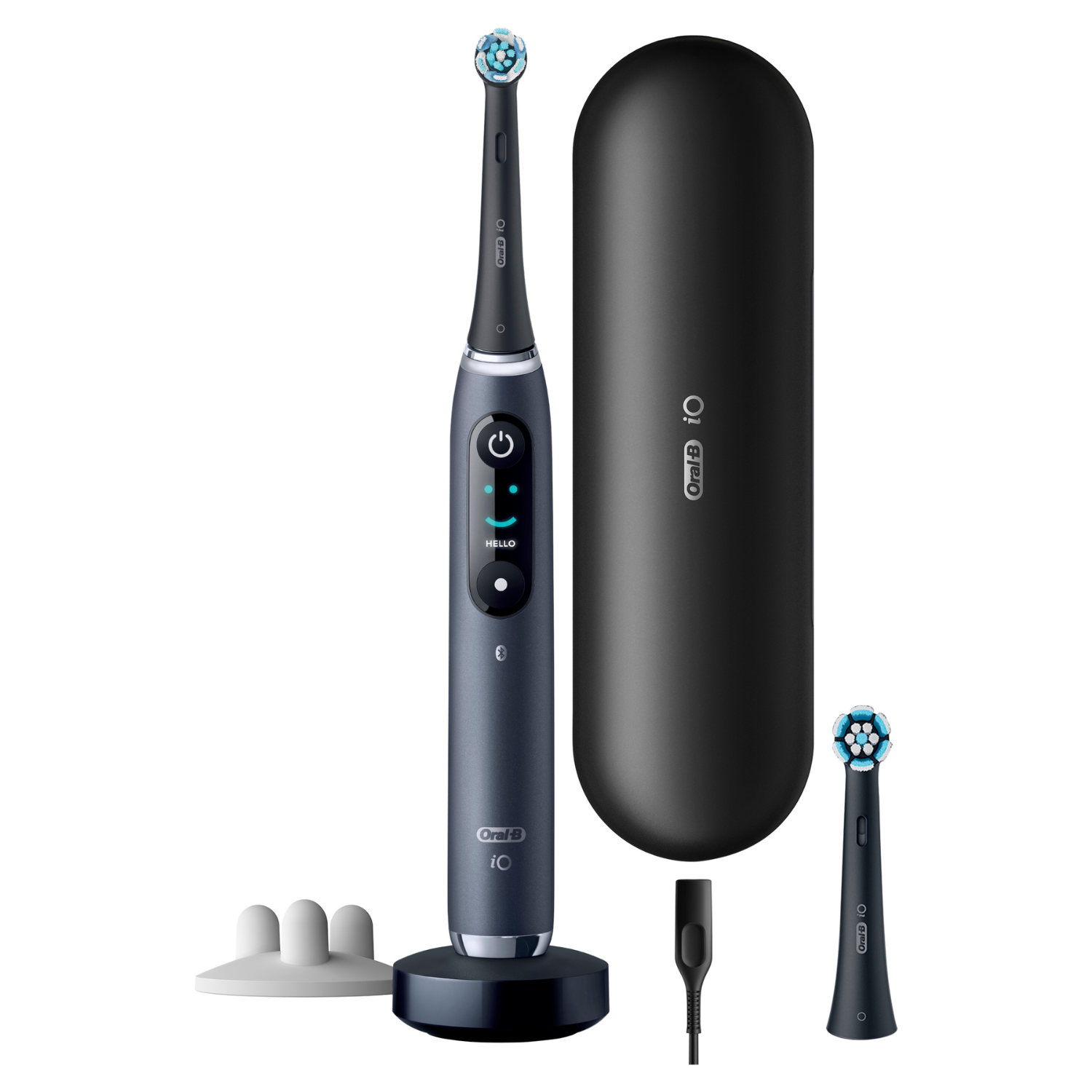 Cepillo de dientes eléctrico Oral-B iO negro con estuche, base de carga y cabezal.