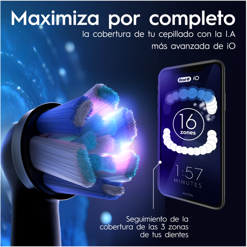 Maximiza por completo la cobertura de tu cepillado con la IA más avanzada de iO. Seguimiento de la cobertura en las 3 zonas de tus dientes.