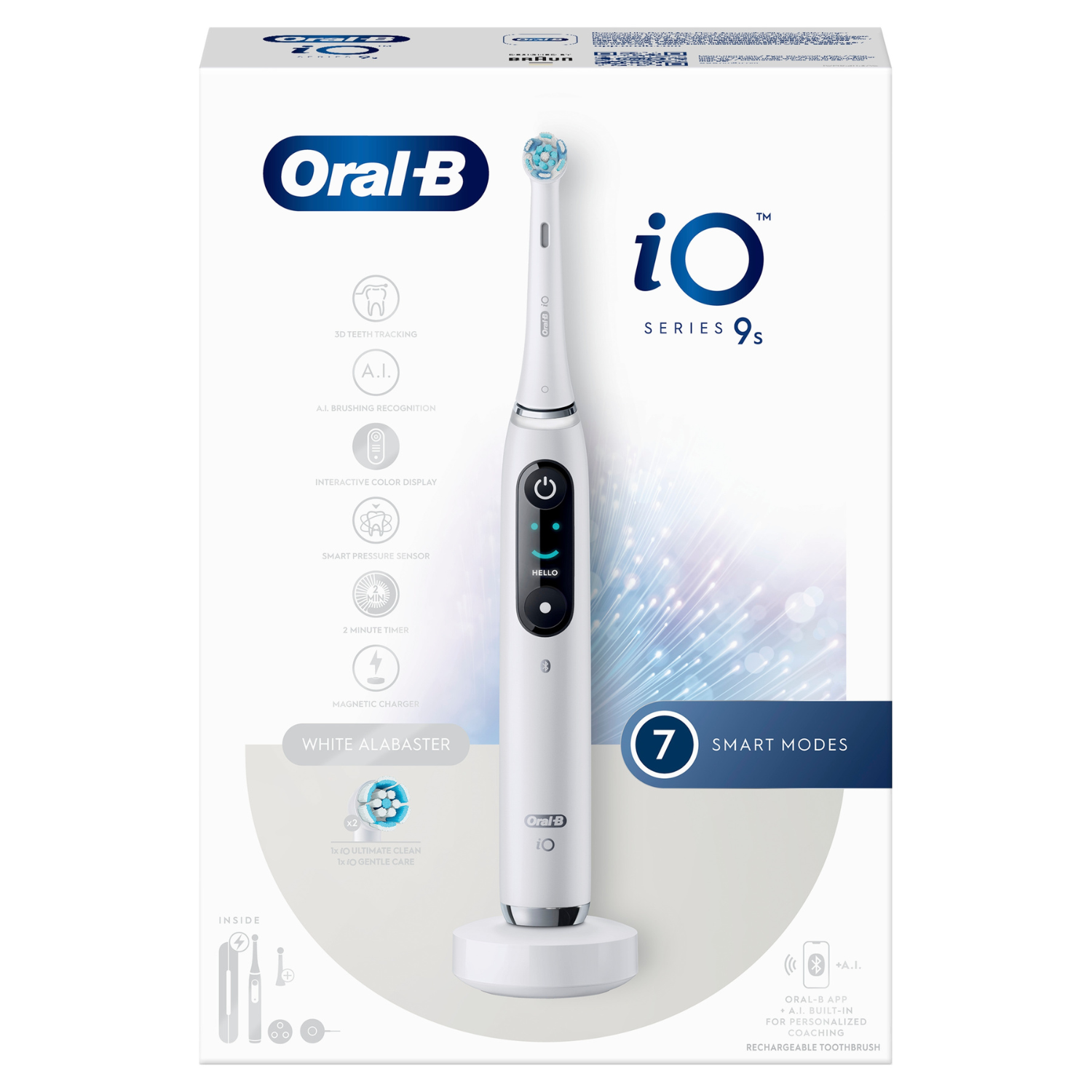 Empaque del cepillo de dientes eléctrico blanco Oral-B iO Series 9s sobre fondo blanco.