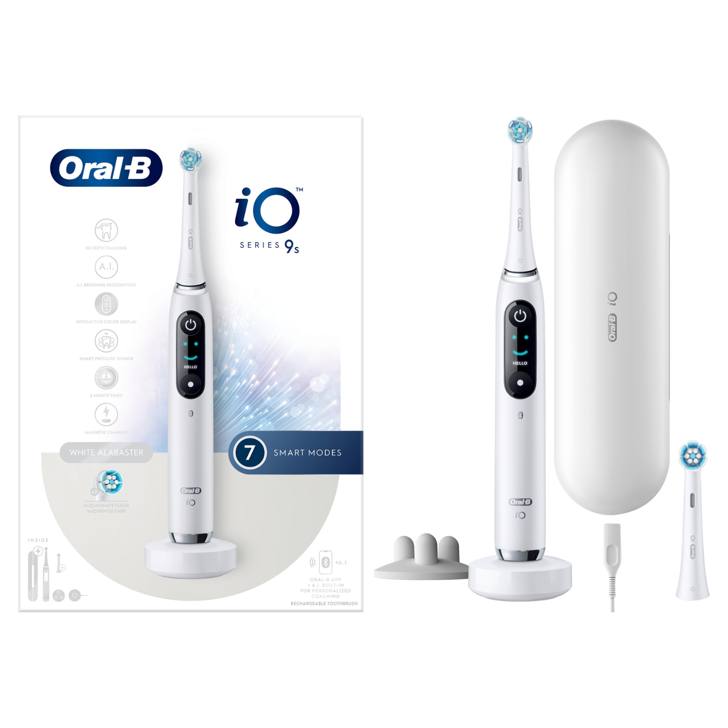 Cepillo de dientes eléctrico blanco Oral-B iO Series 9s con base de carga, estuche y cabezal.