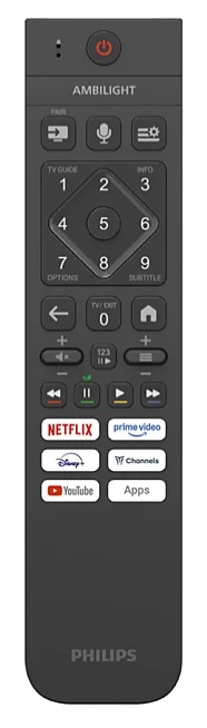 Czarny pilot Philips Ambilight z przyciskami numerycznymi, kierunkowymi i do streamingu.