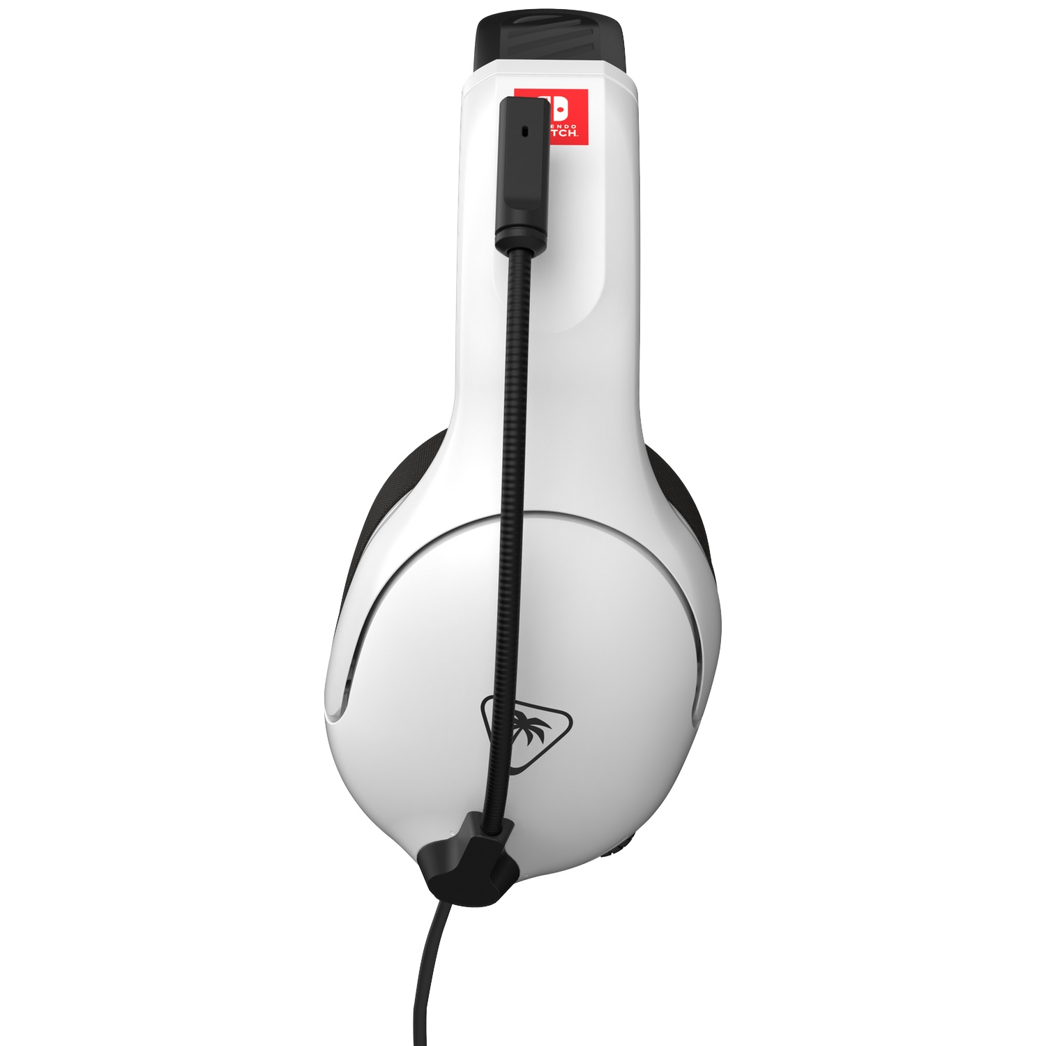White gaming headsets with a black microphone boom and red Nintendo Switch logo.