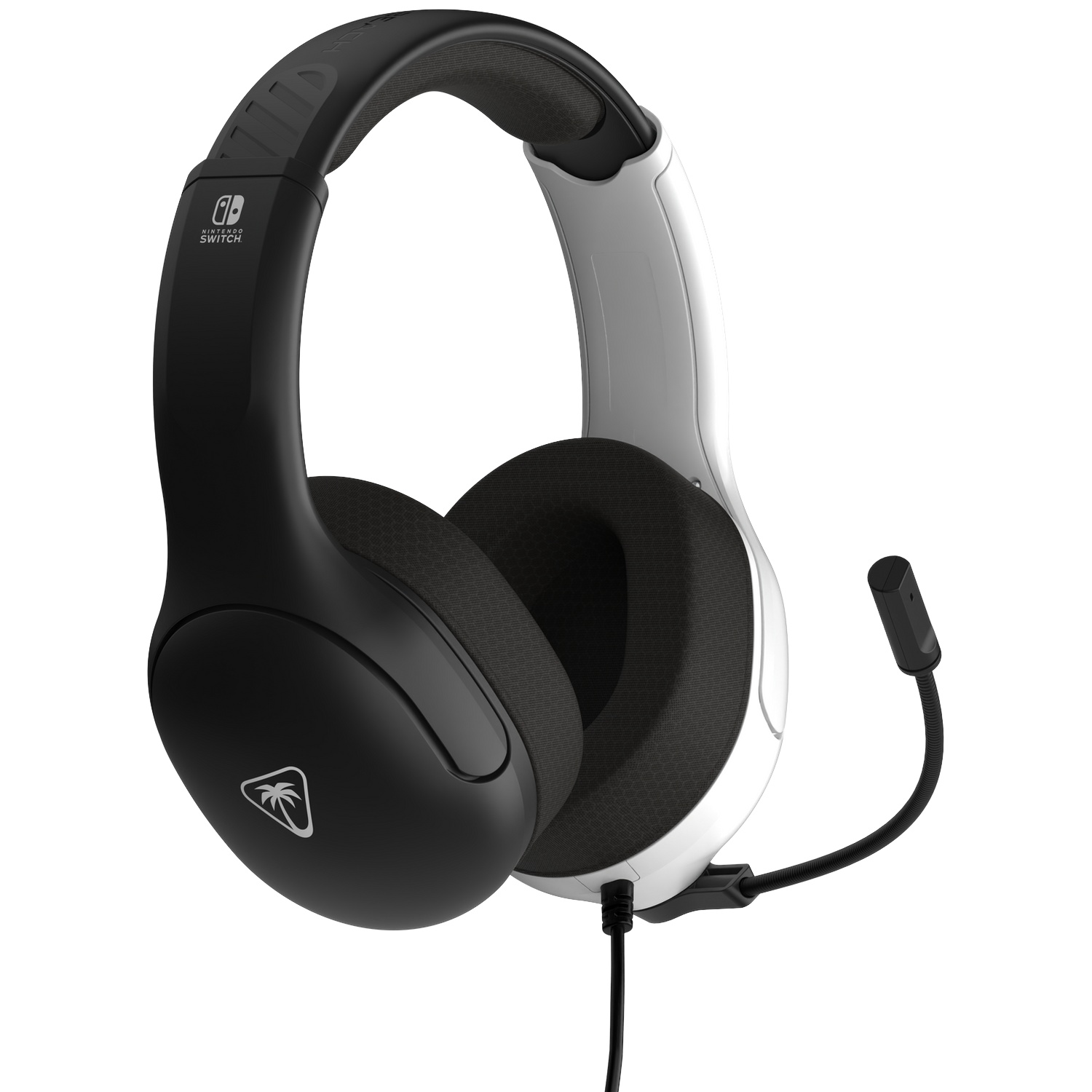 Black and white gaming headset with a microphone and wire against a white background.