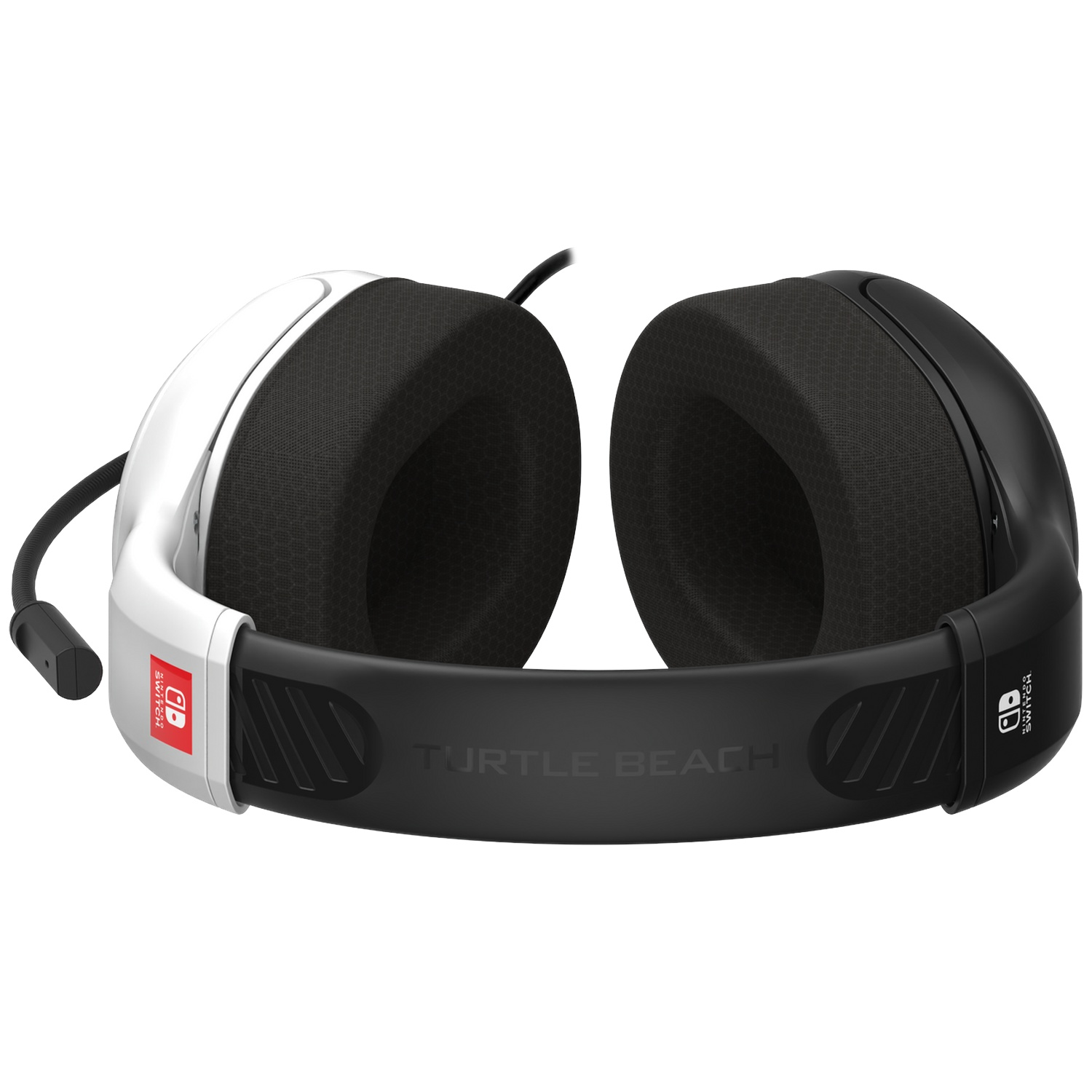 Turtle Beach gaming headset in black and white with a microphone, designed for Nintendo Switch on a white background.