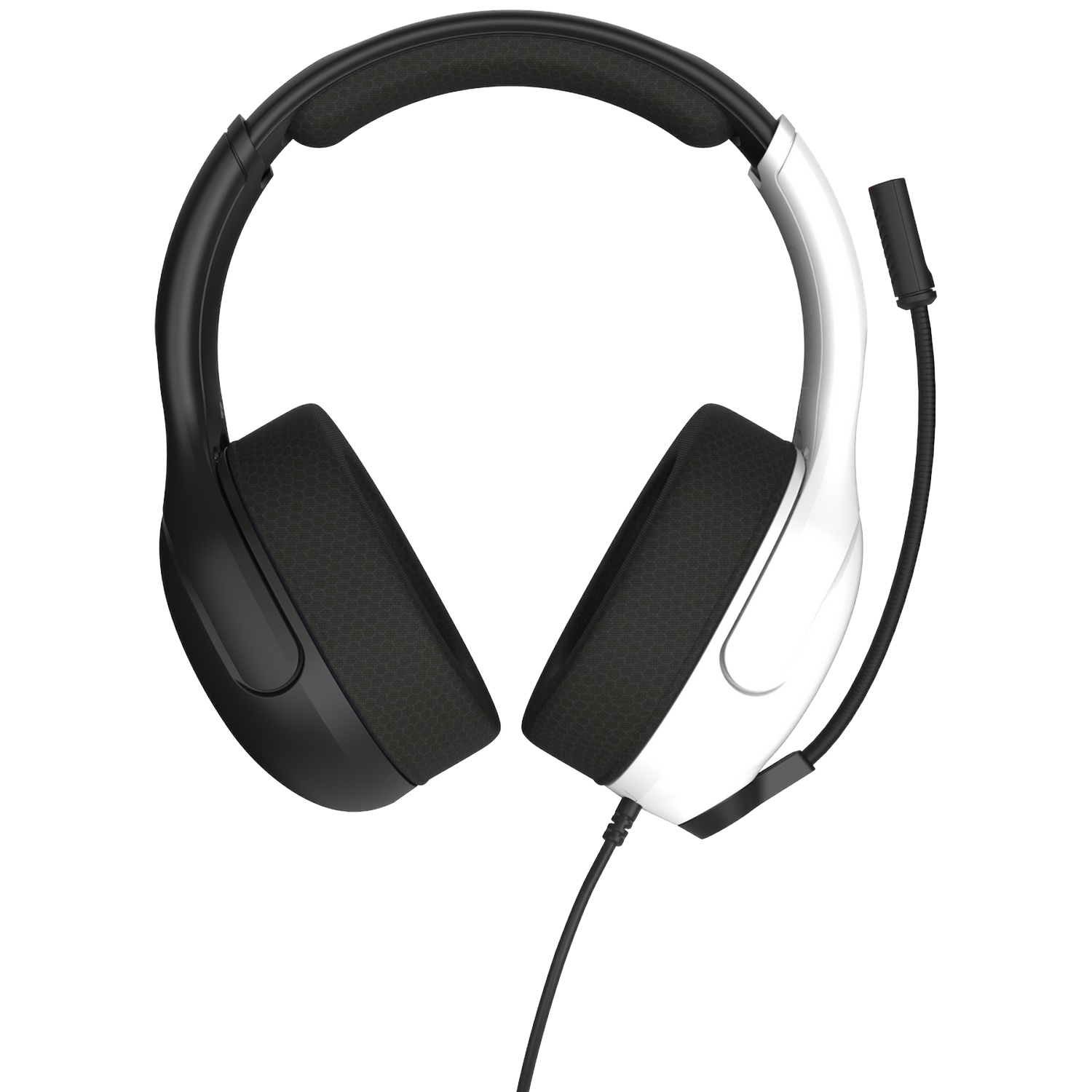 Over-ear gaming headset, black on left, white on right with attached microphone on a white background.