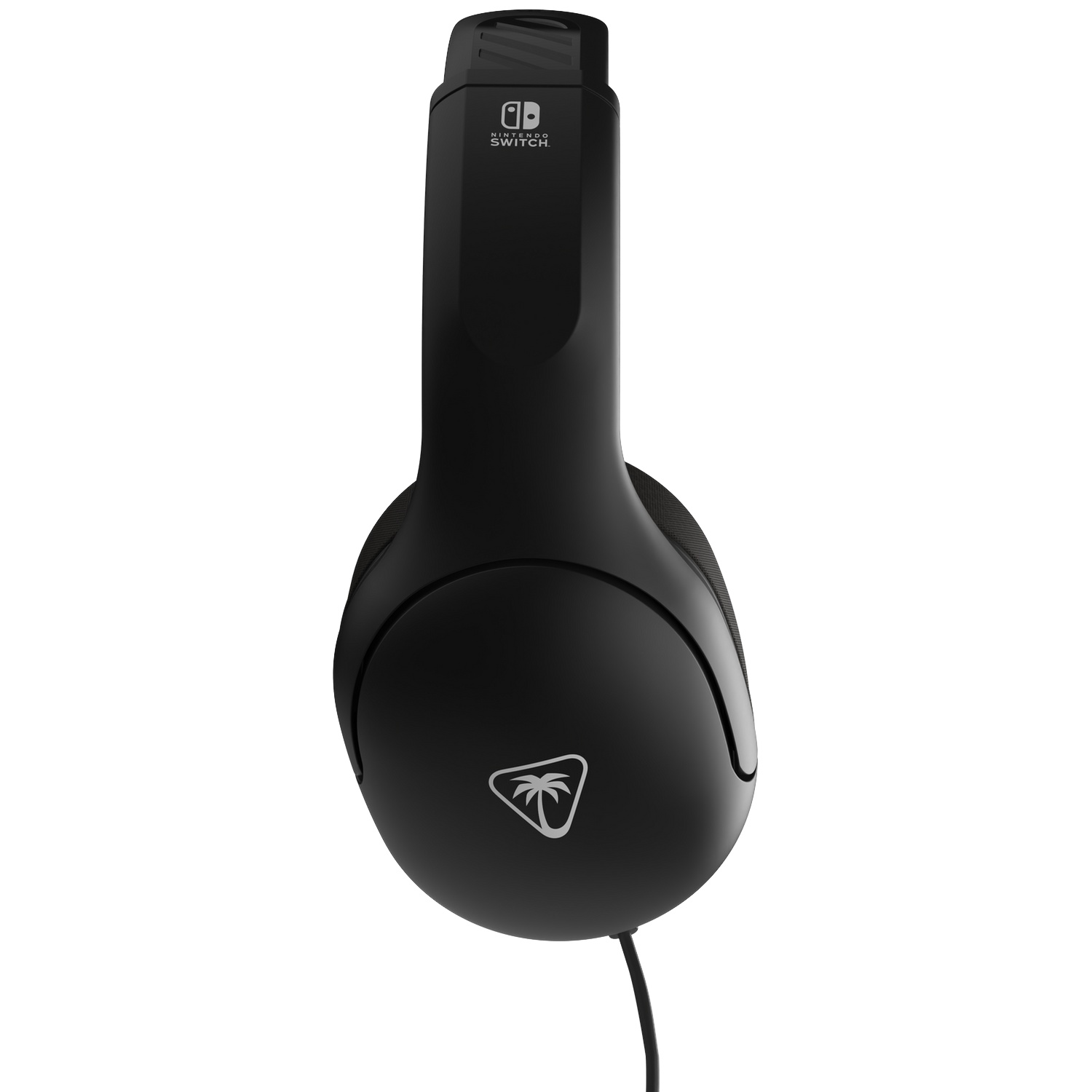Black Nintendo Switch headphones with white logo and cable against a white background.