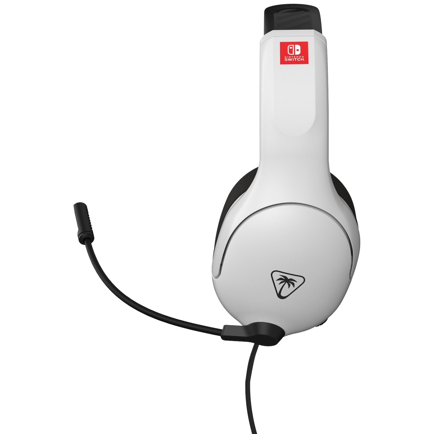 White and black Nintendo Switch gaming headset with a flexible microphone and red logo, on a white background.