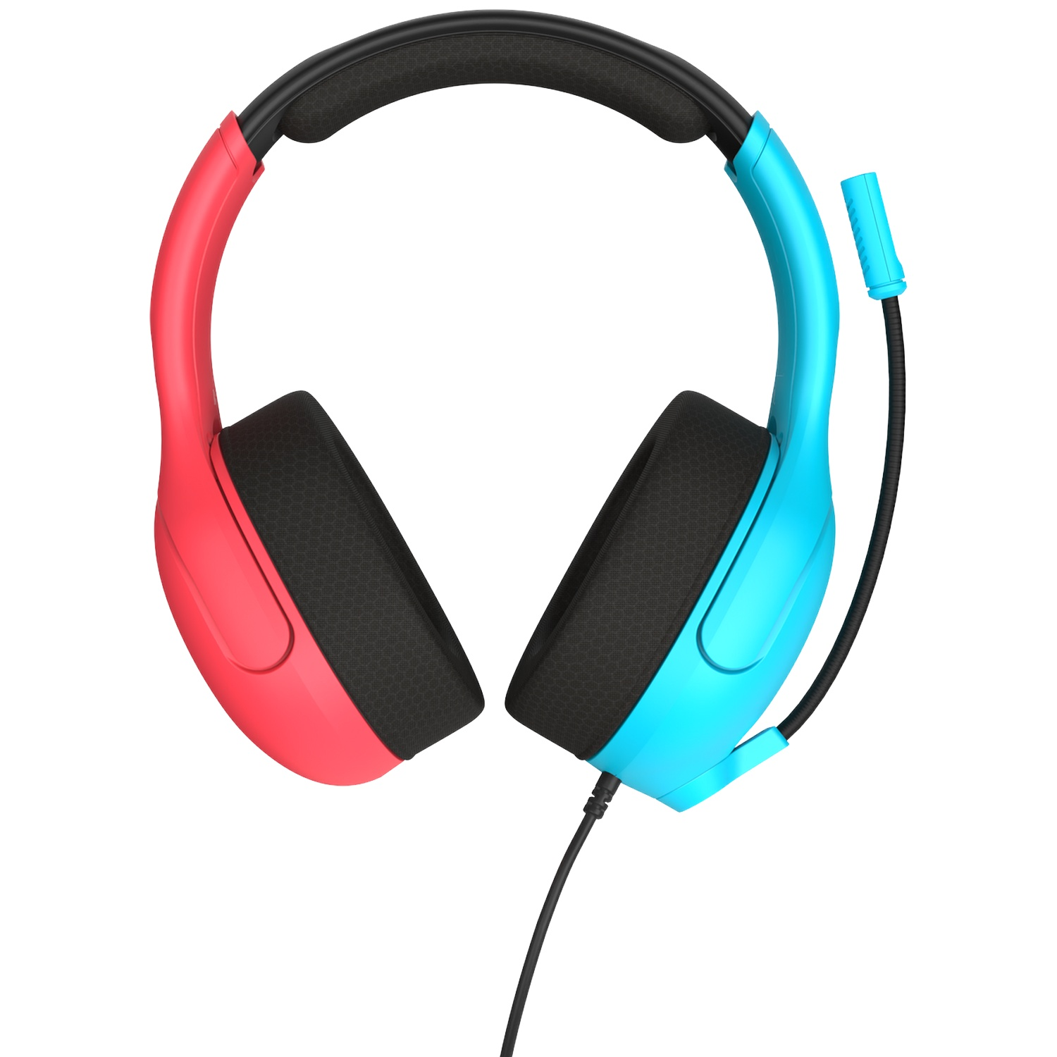 Over-ear gaming headphones with red left cup, blue right cup, black headband, attached mic, and audio cable.
