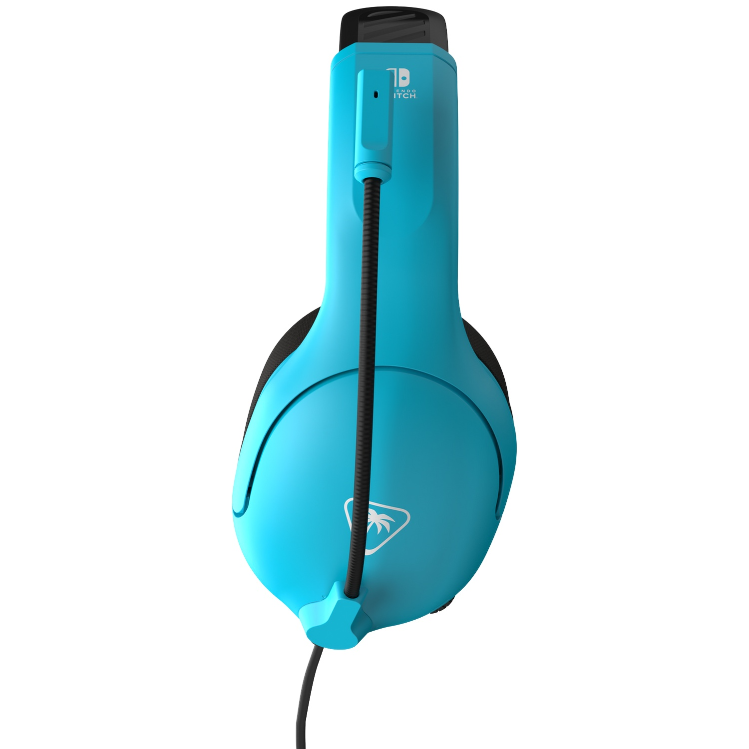 Blue gaming headset with a black headband and logo against a white background.