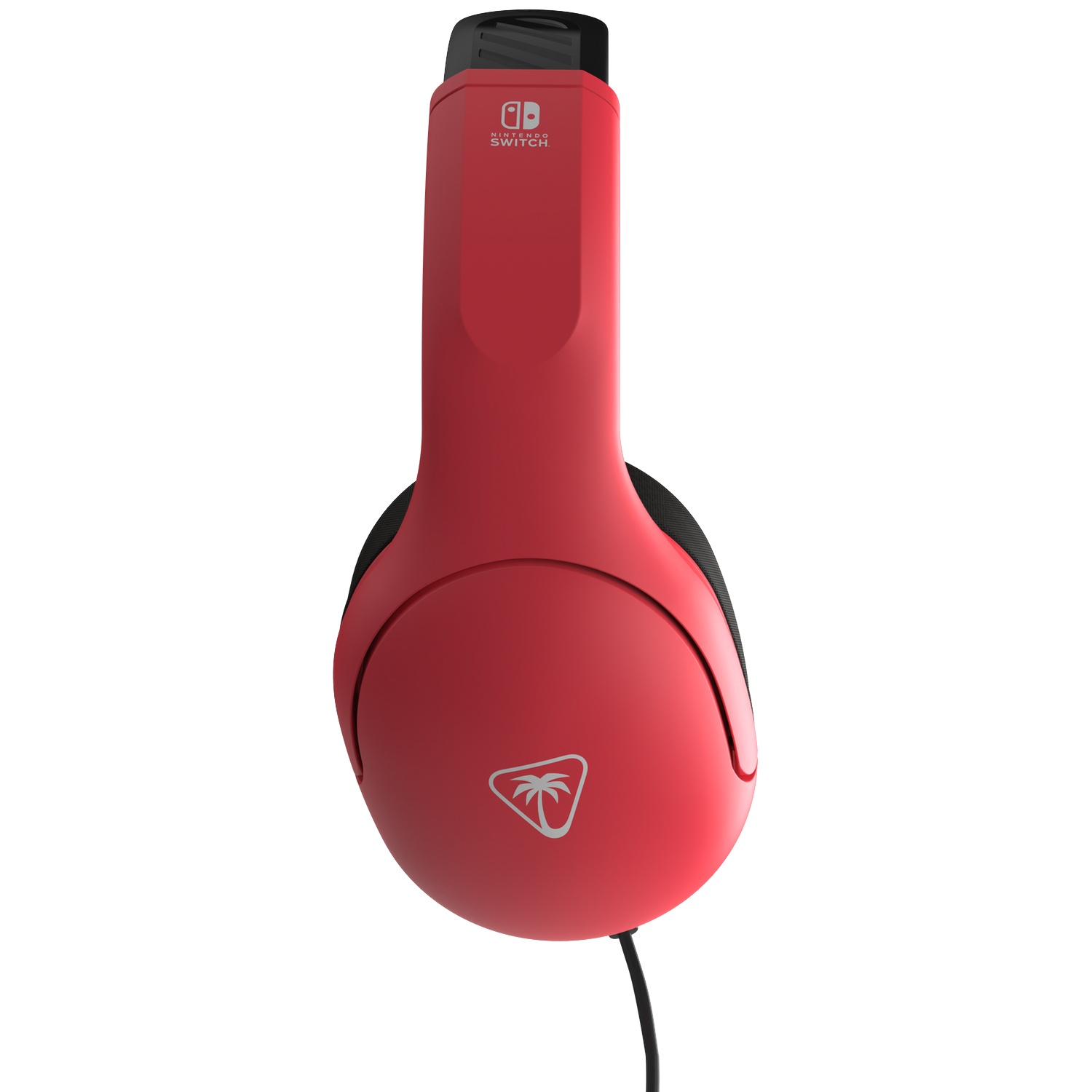 Red Nintendo Switch headphones with black cord and a palm tree logo on the earcup, viewed against a white background.