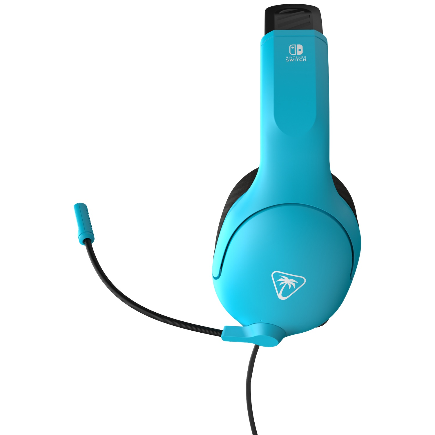 Blue Nintendo Switch gaming headset with a flexible microphone against a white background.