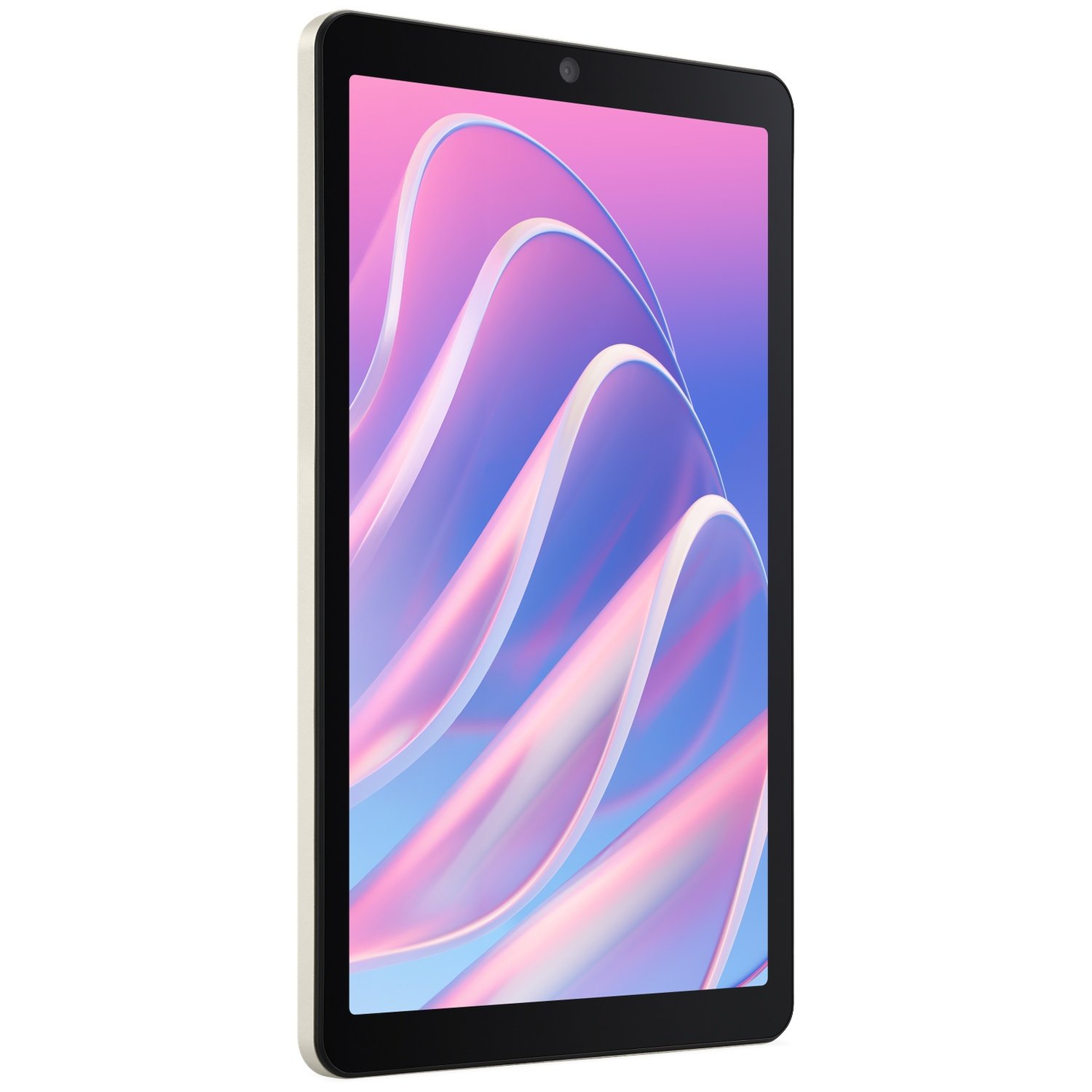 Een witte tablet met zwarte rand toont een kleurrijk scherm met roze en blauwe golvende patronen.