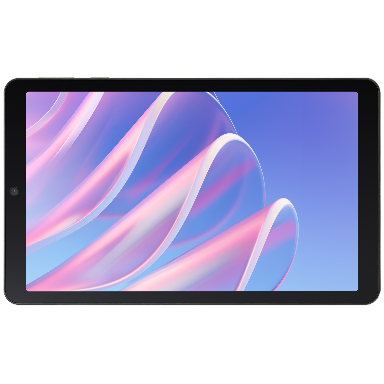 Een zwarte tablet toont een kleurrijke, abstracte achtergrond met golvende roze en blauwe lijnen.