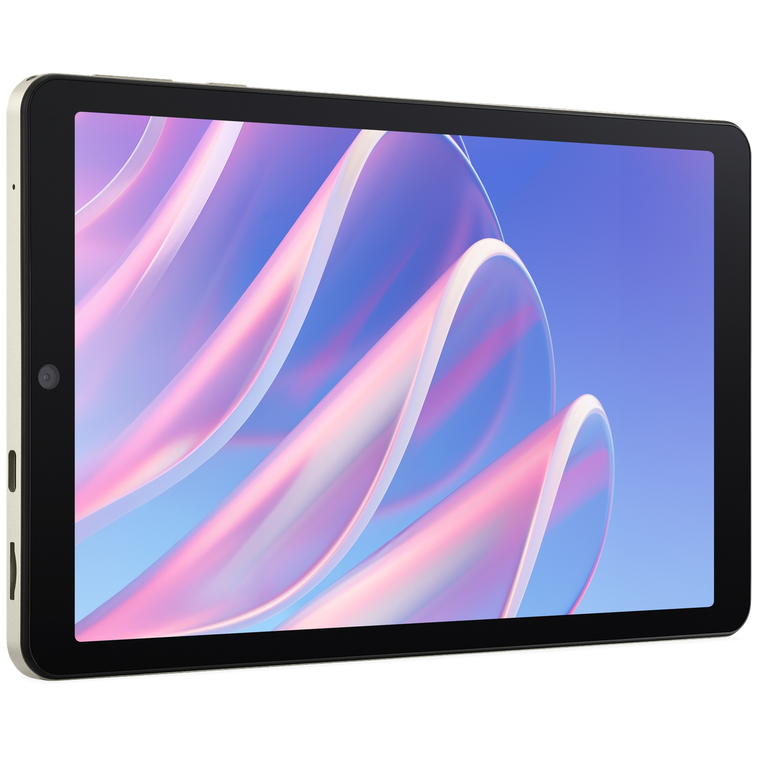 Een zwarte tablet toont een kleurrijk abstract behang met roze en blauwe gebogen linten.