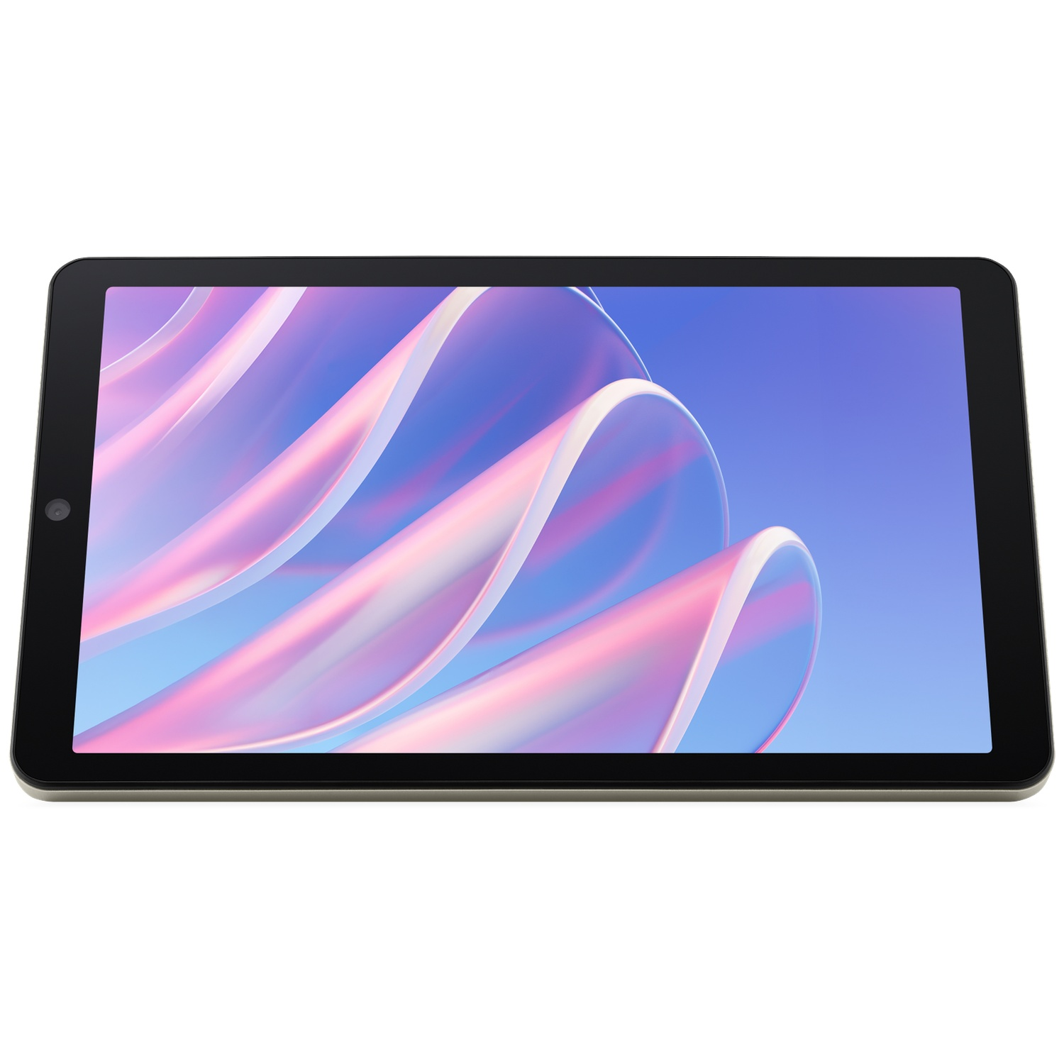 Een zwarte tablet toont een abstract roze en blauw golfpatroon op het scherm tegen een witte achtergrond.