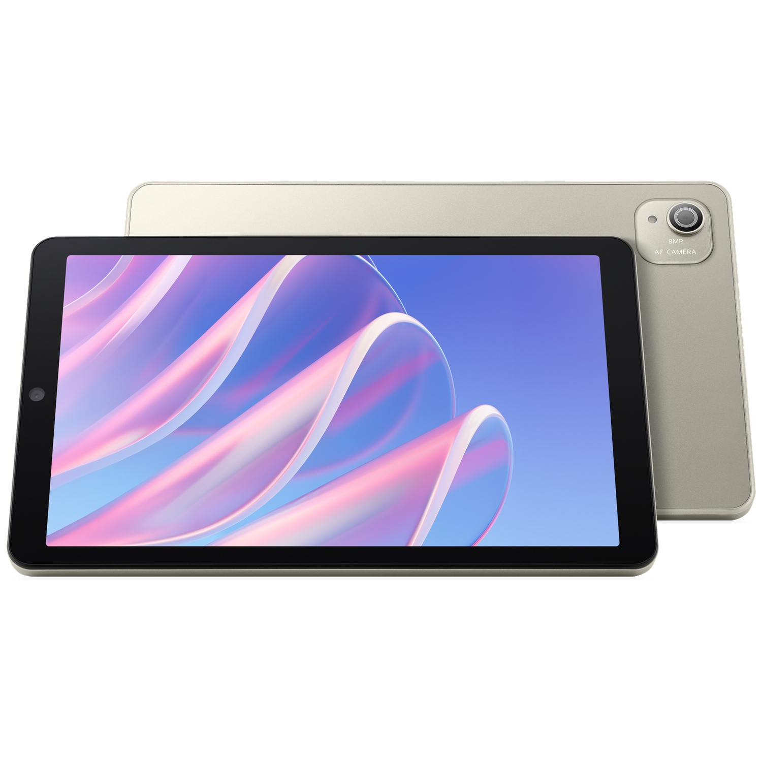 Een zilveren tablet met een kleurrijk abstract scherm en een achtercamera.