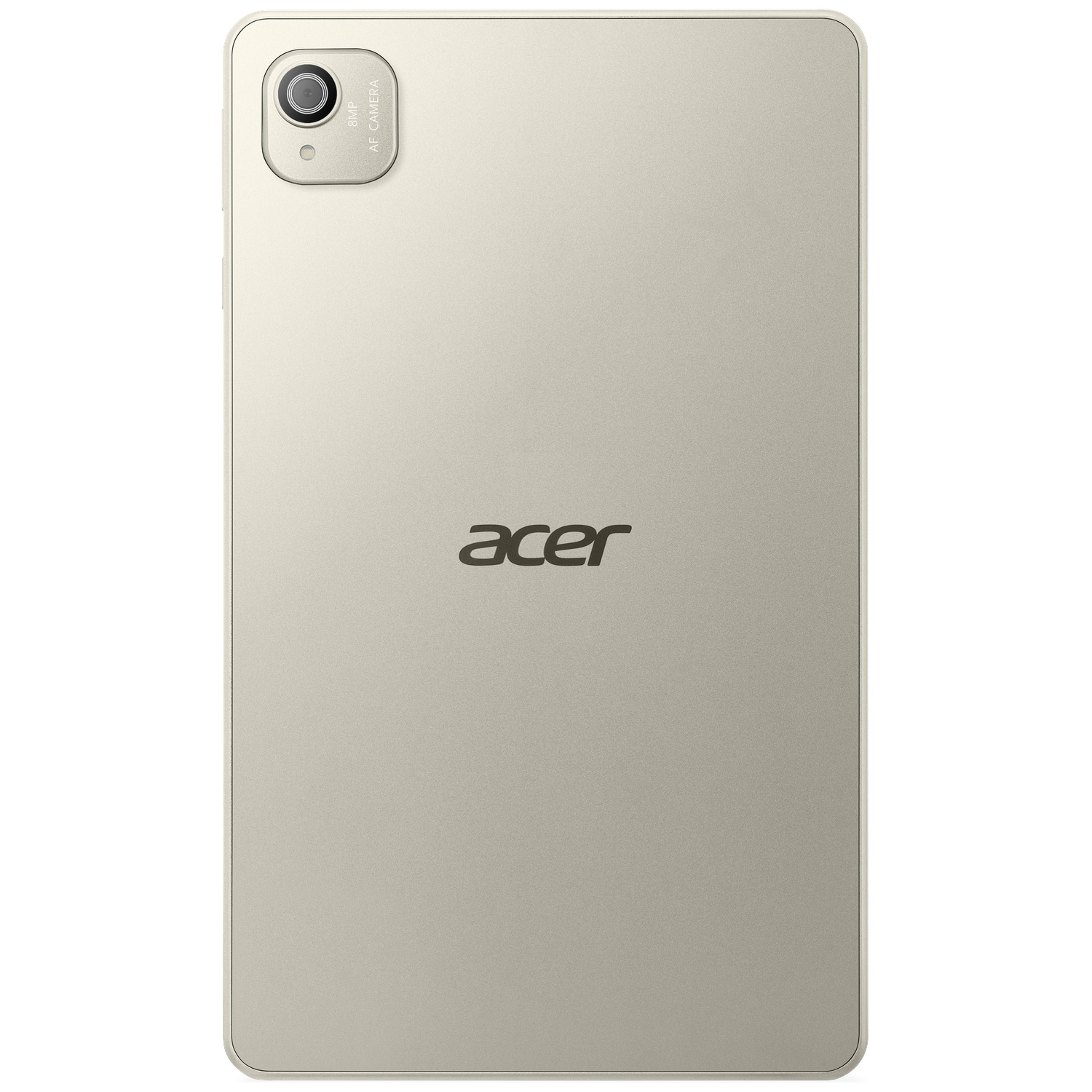 De achterkant van een gouden Acer-tablet met een camera linksboven en het Acer-logo in het midden.