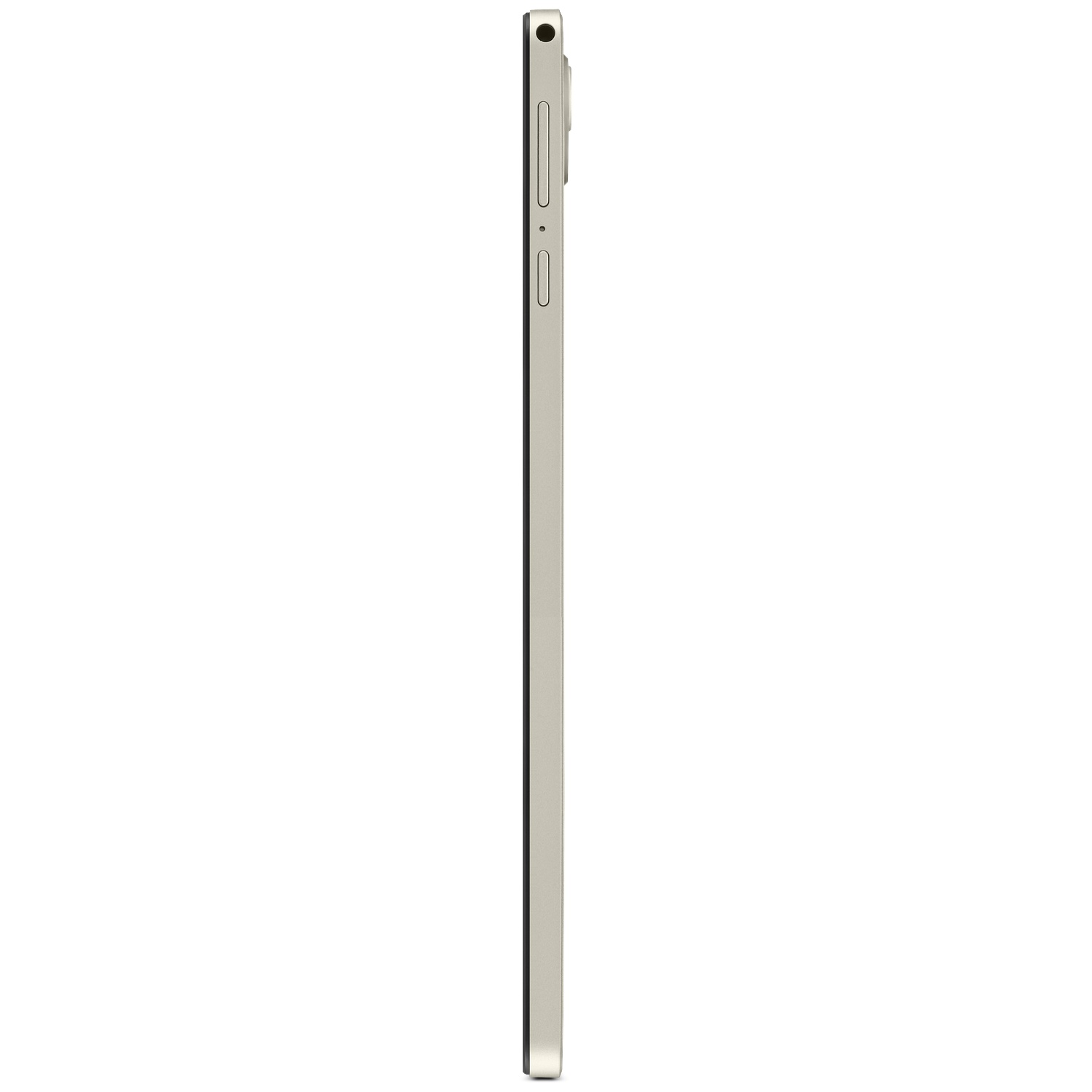 Zijaanzicht van een slanke, grijze tablet met fysieke knoppen en een microfoongat tegen een witte achtergrond.