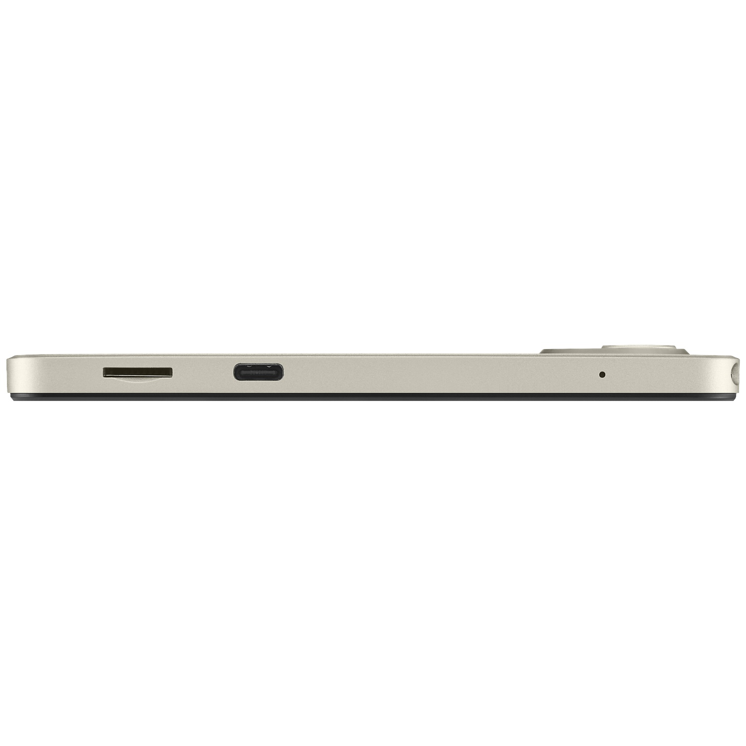 Zijaanzicht van een zilveren smartphone met simkaartla, USB-C-poort, microfoon en een licht verhoogde cameramodule.