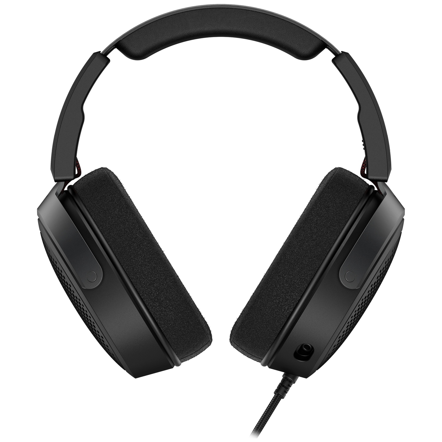 Black over-ear headphones with cushioned ear cups and an attached cable against a white background.