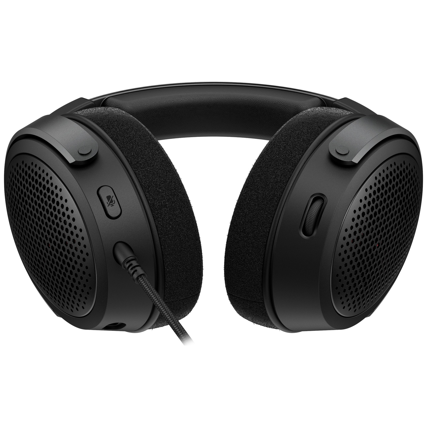 Black over-ear headphones with cushioned ear cups, mesh design, and attached audio cable against a white background.